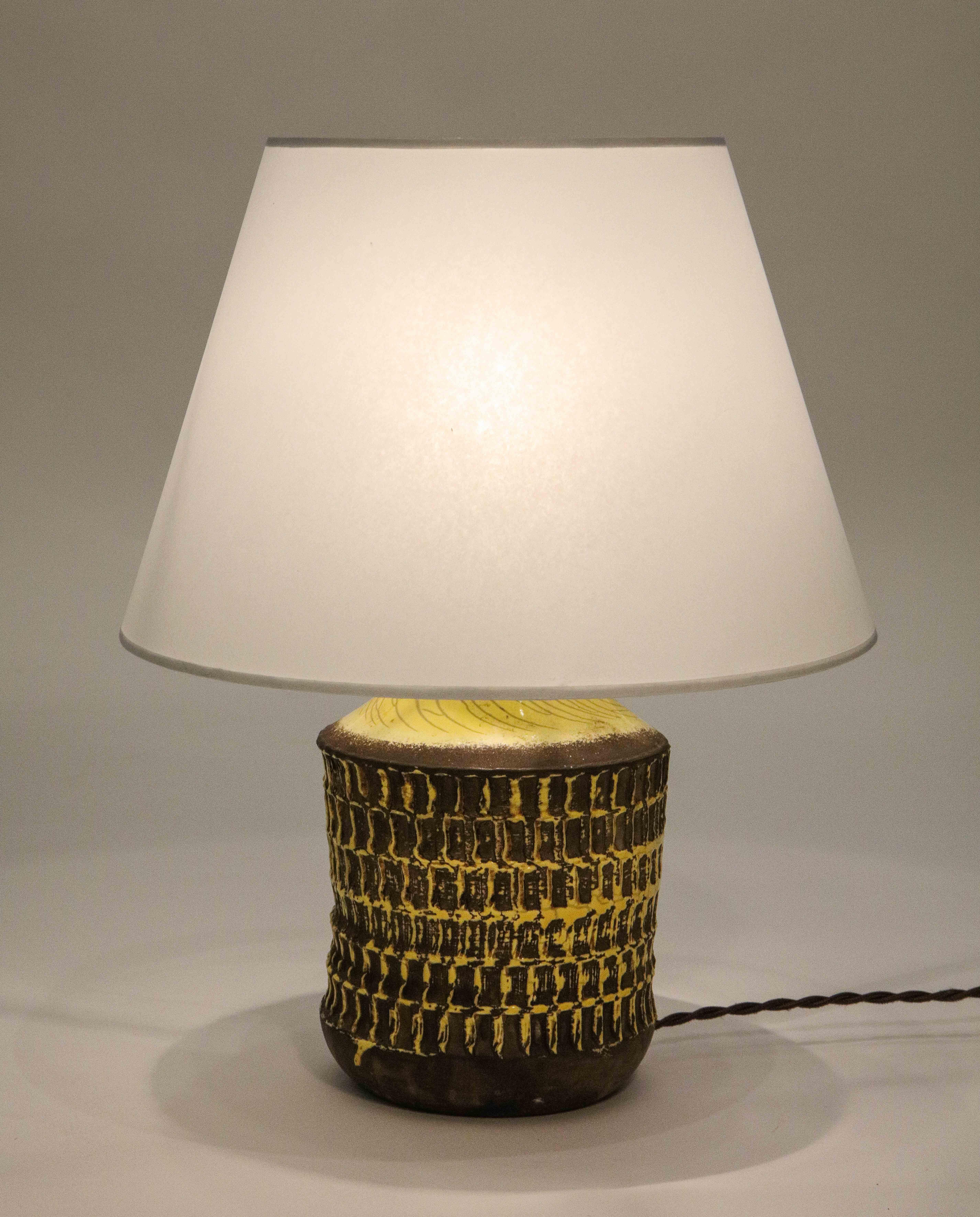 Bronze Jean Besnard Yellow Glaze Ceramic Lamp with Custom Parchment Shade