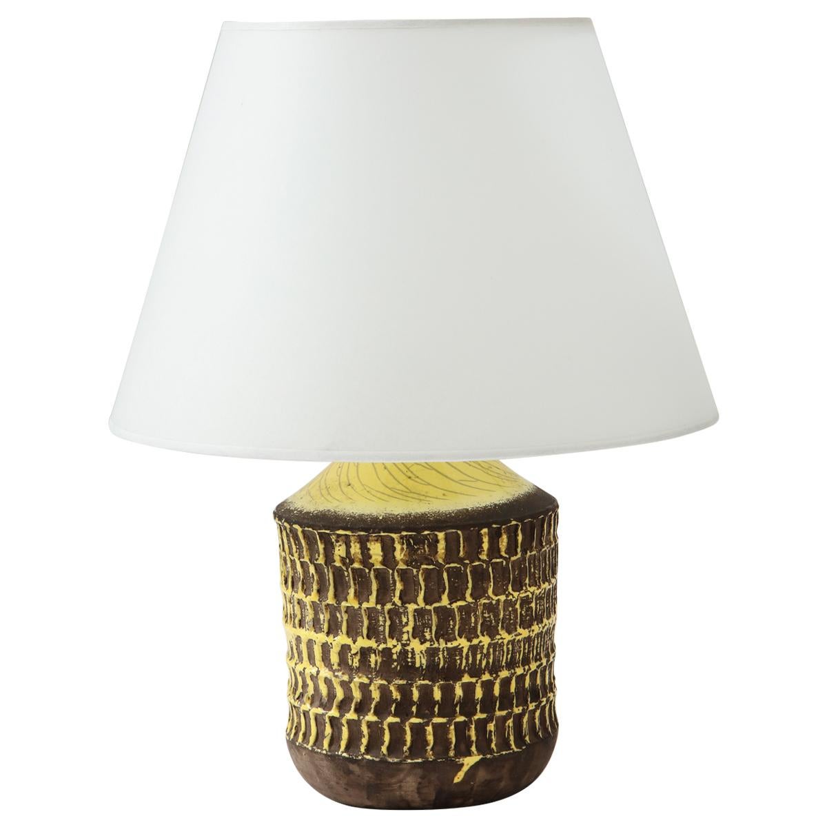 Jean Besnard Yellow Glaze Ceramic Lamp with Custom Parchment Shade