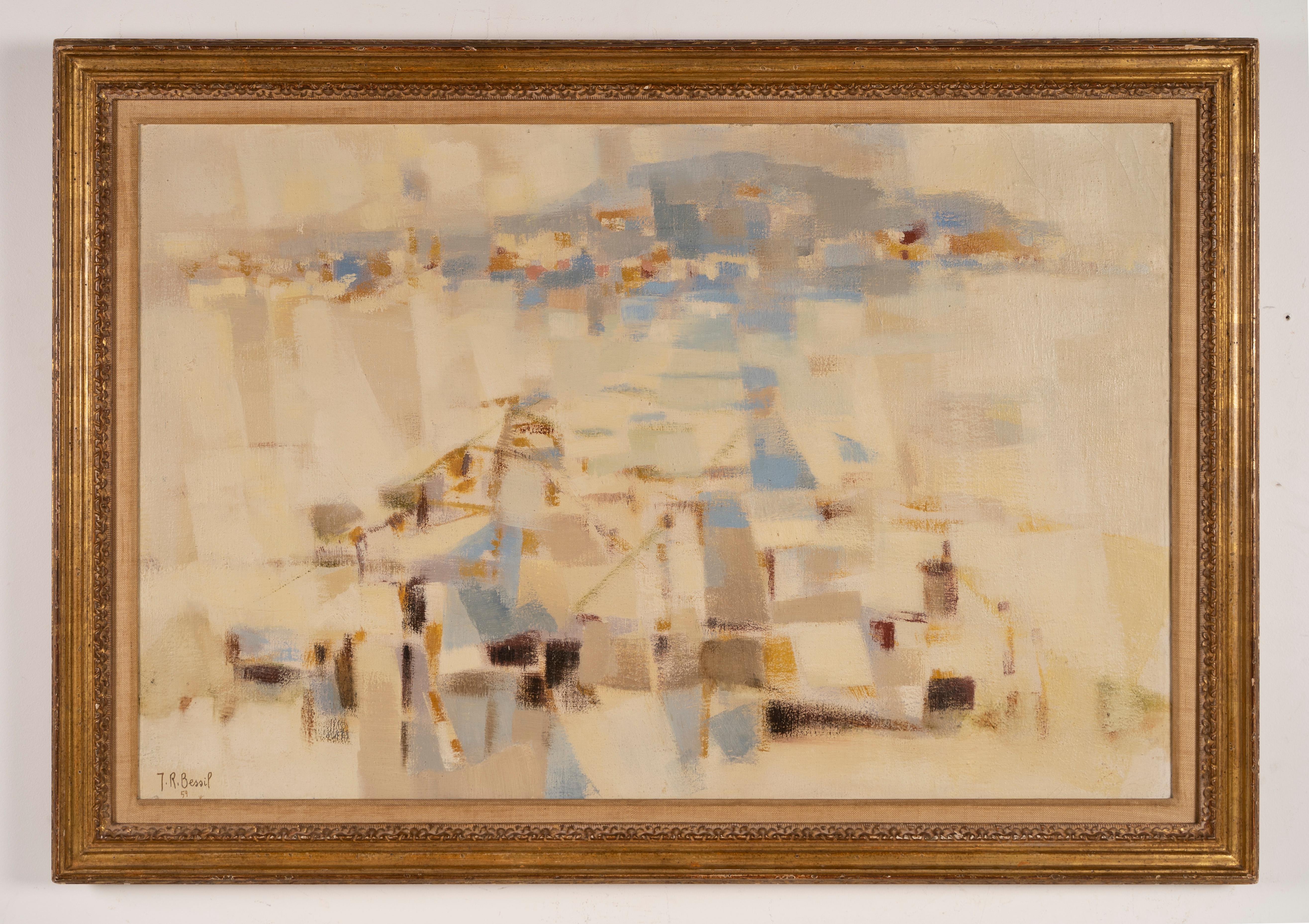Ancienne peinture à l'huile moderne abstraite française de couleur neutre et signée - Abstrait Painting par Jean Bessil