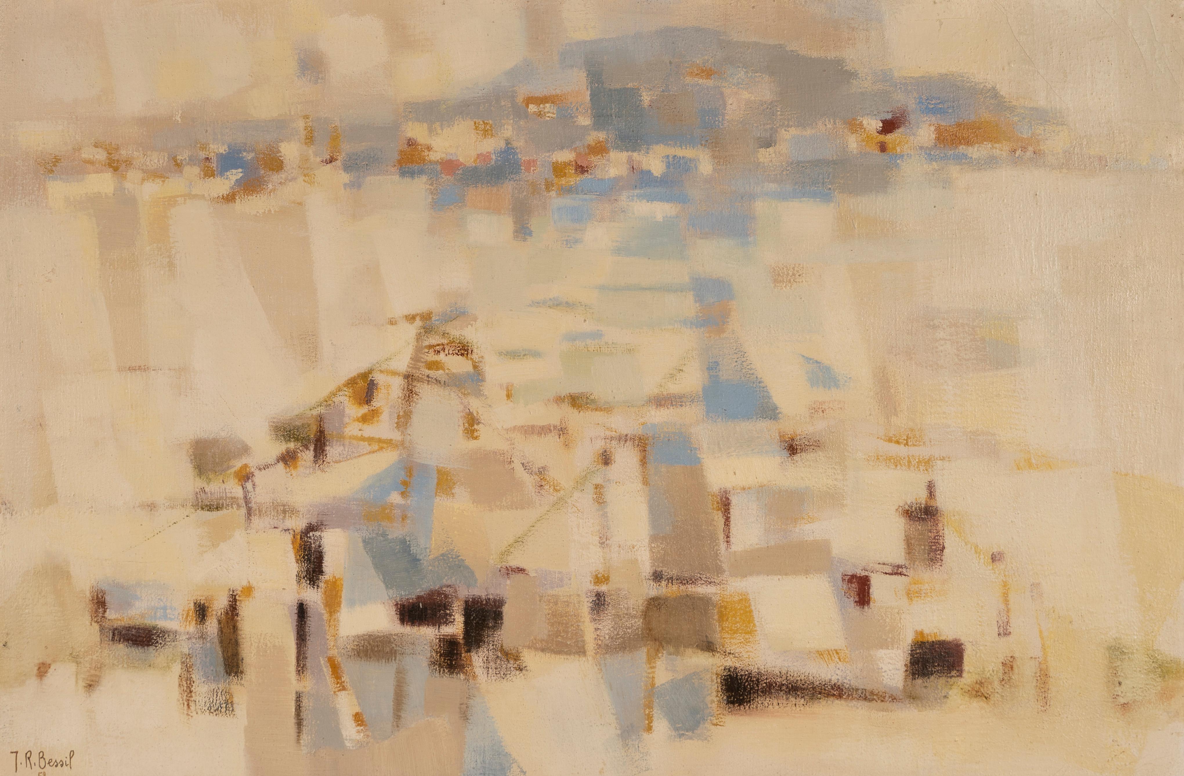 Ancienne peinture à l'huile moderne abstraite française de couleur neutre et signée - Marron Abstract Painting par Jean Bessil