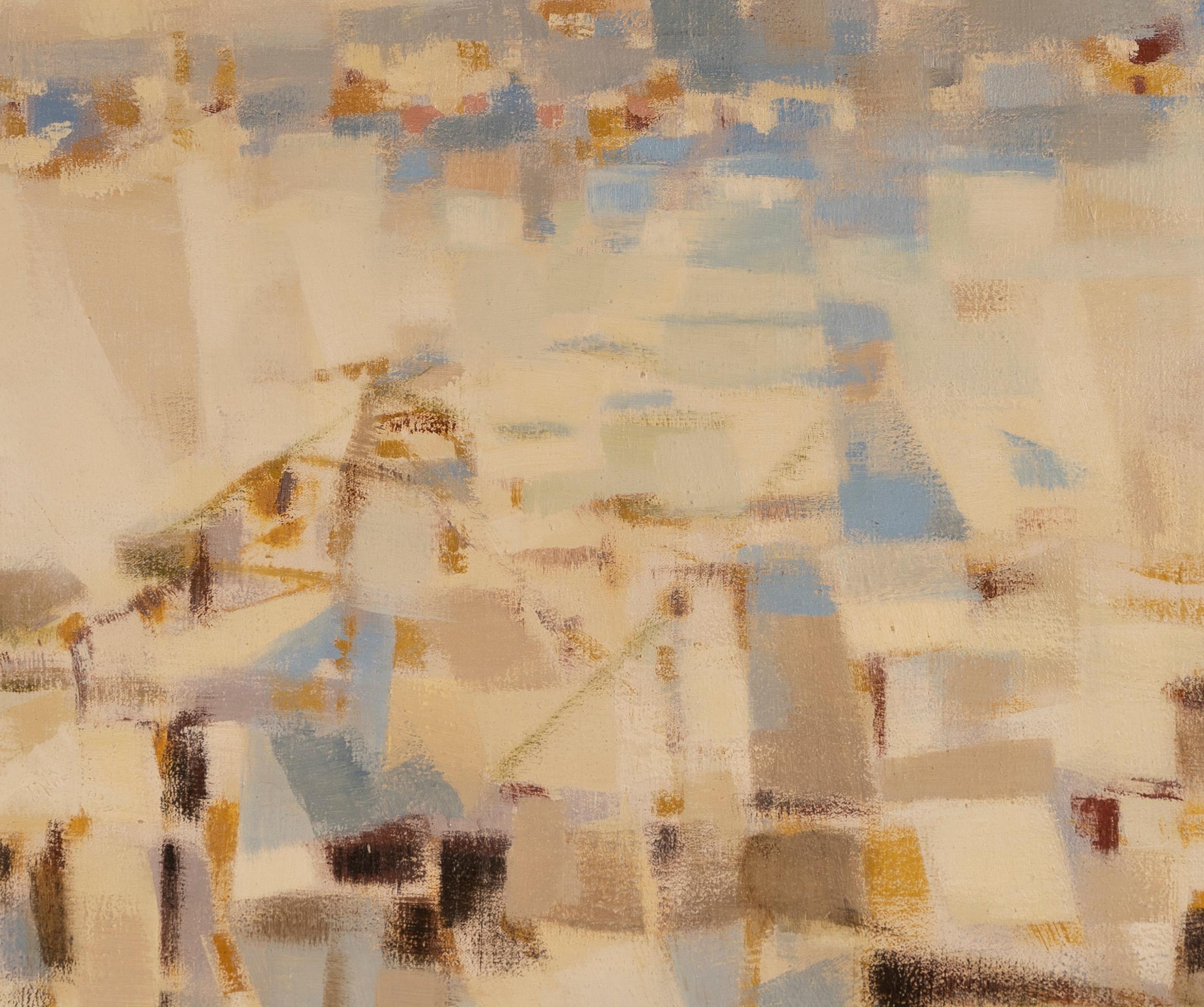 Ancienne peinture abstraite moderniste française de Jean Bessil (1916 - 1989).  Huile sur toile, vers 1950.  Signé.  Taille de l'image 36,25L x 23,5H.  Le tout est présenté dans un cadre moderne d'époque.