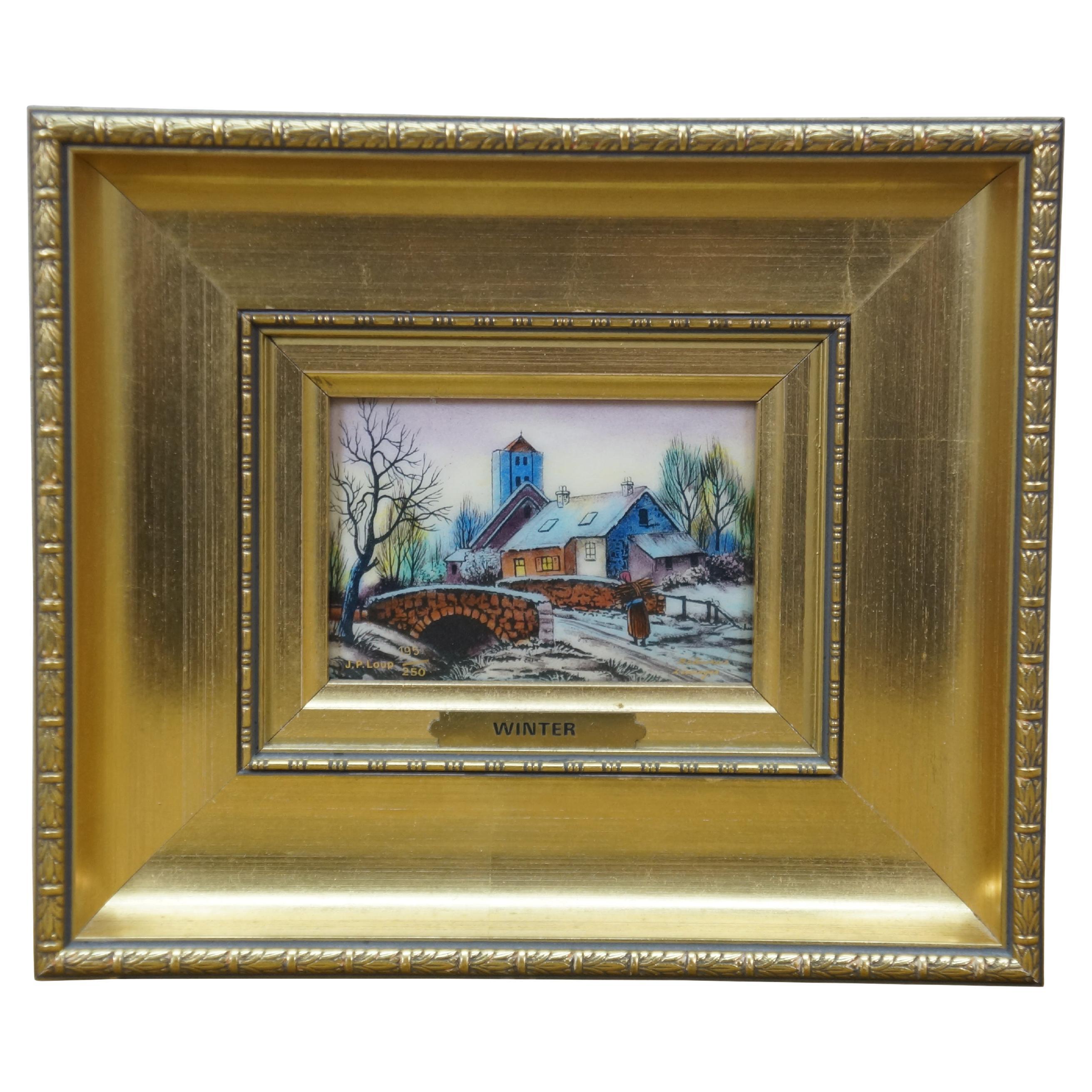 Jean Betourne Limoges Enamel On Copper Winter Farmhouse Landscape Scene 8" For Sale