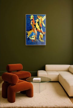Cubist Birds and Roosters Composition, French Modern Oil, circa 60