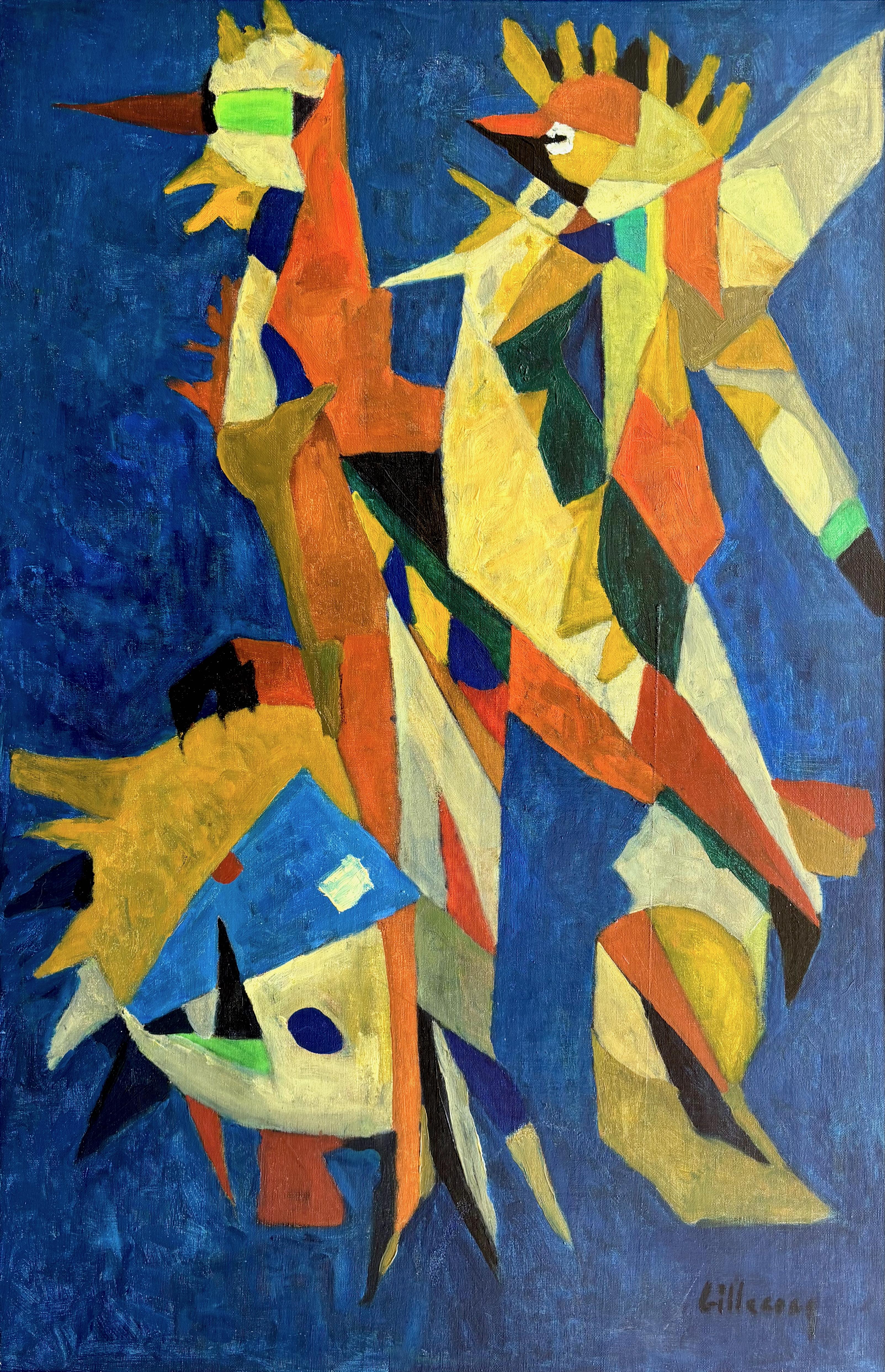 Jean Billecocq Animal Painting - Cubist Birds and Roosters Composition, French Modern Oil, circa 60
