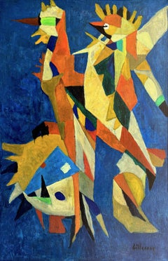 Cubist Birds and Roosters Composition, French Modern Oil, circa 60