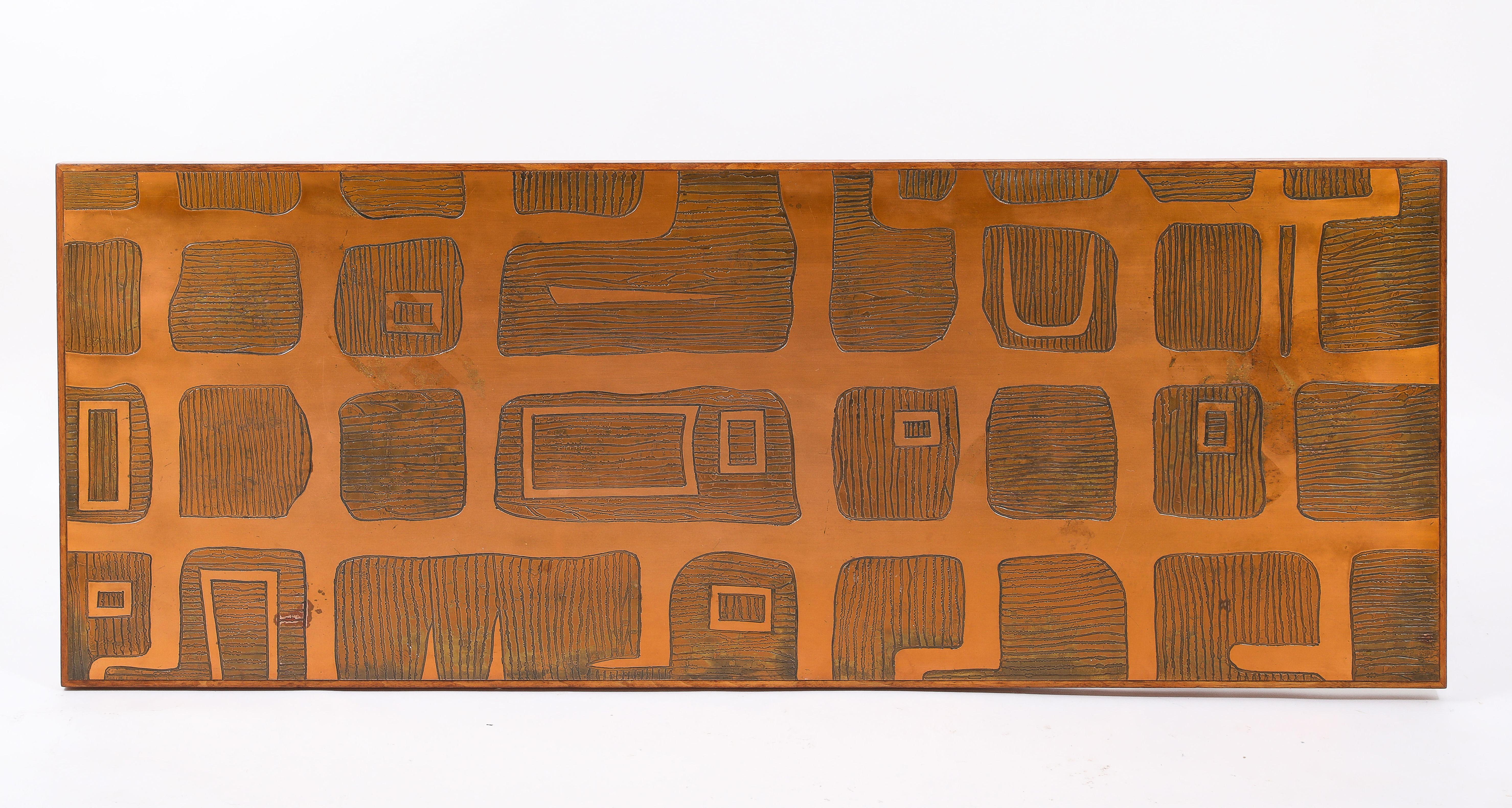 Jean Blazy Etched Copper & Elm Coffee Table, France 1950's For Sale 5