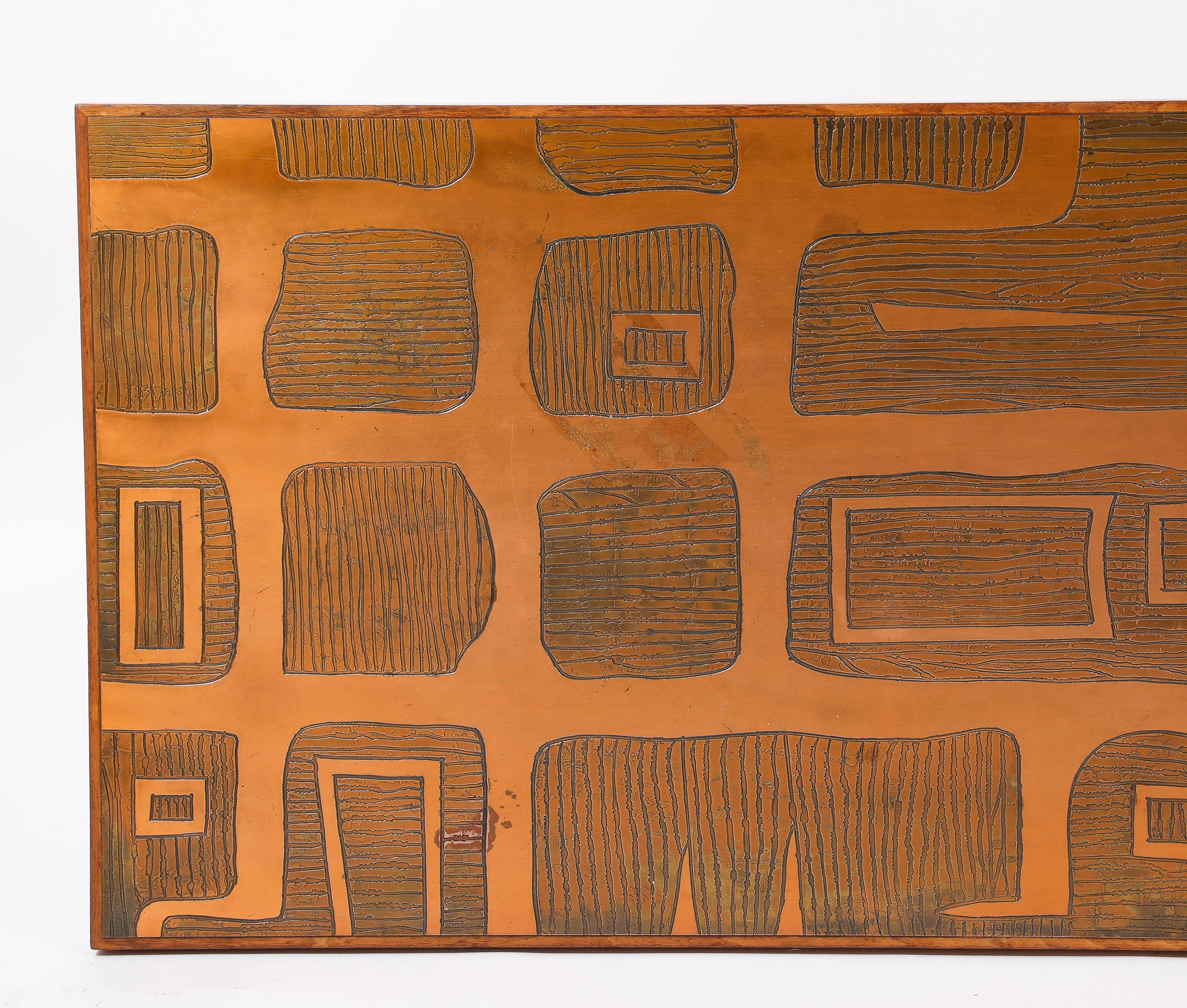 Jean Blazy Etched Copper & Elm Coffee Table, France 1950's For Sale 6