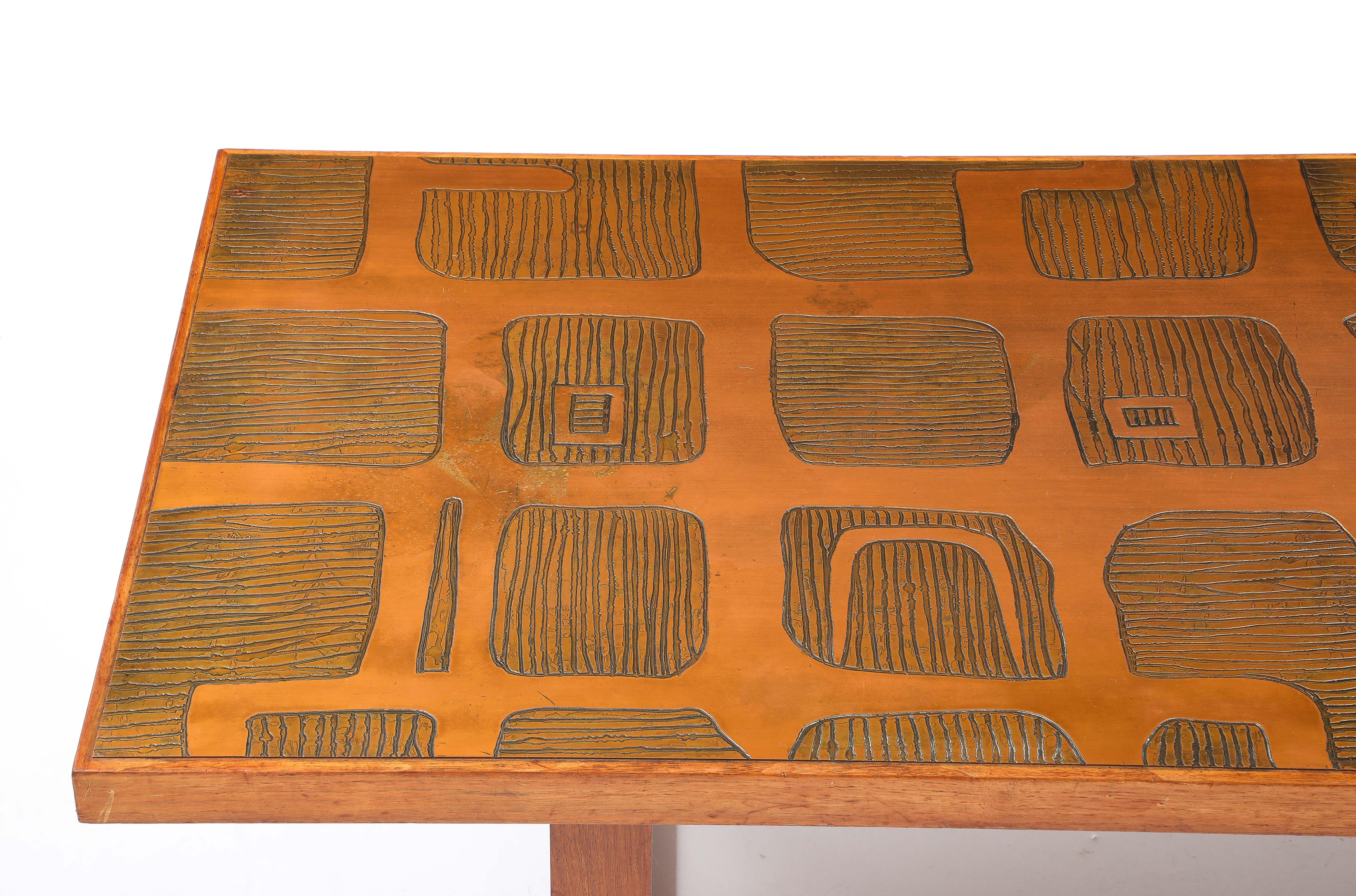 Mid-Century Modern Jean Blazy Etched Copper & Elm Coffee Table, France 1950's For Sale