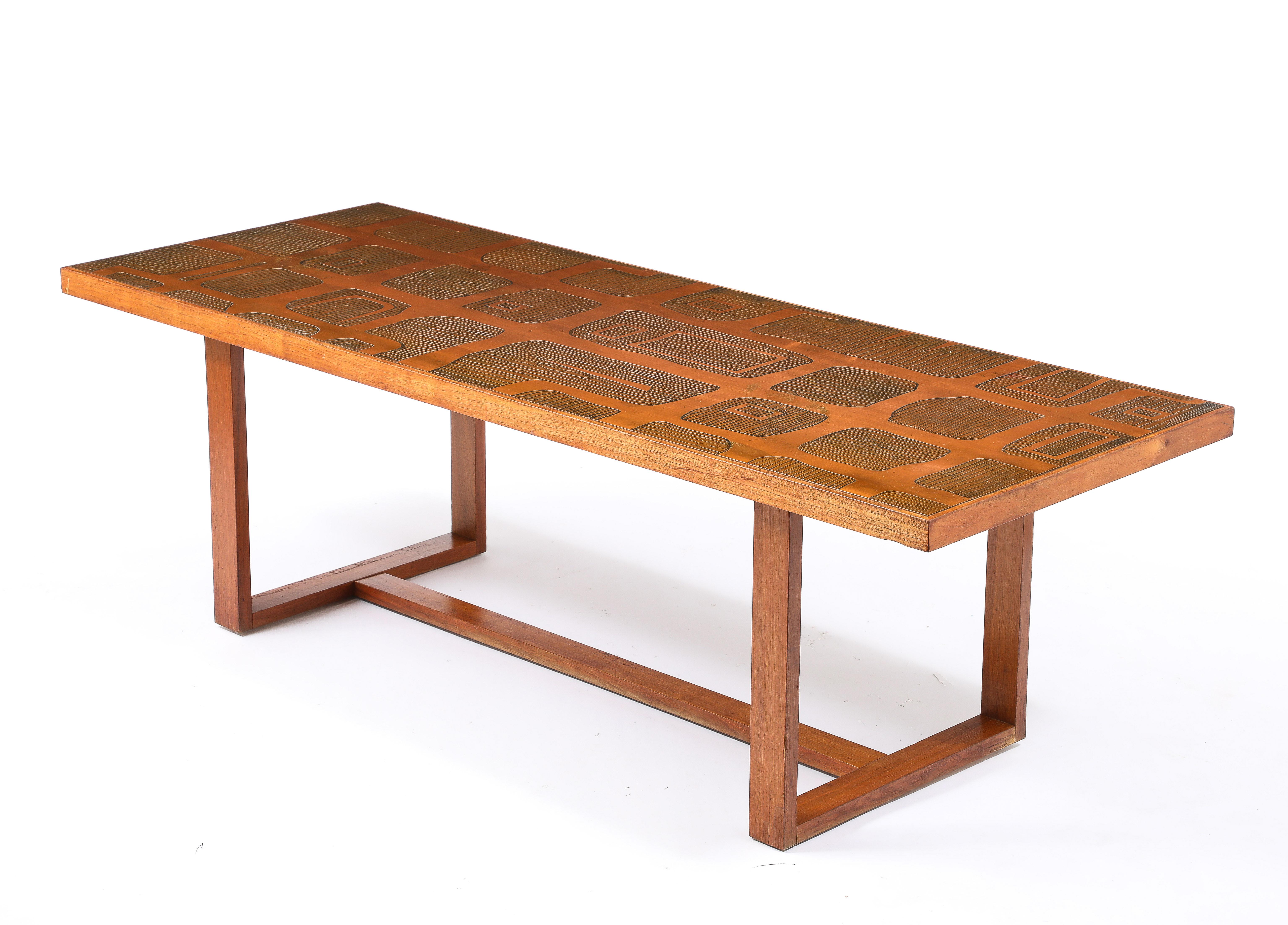 French Jean Blazy Etched Copper & Elm Coffee Table, France 1950's For Sale