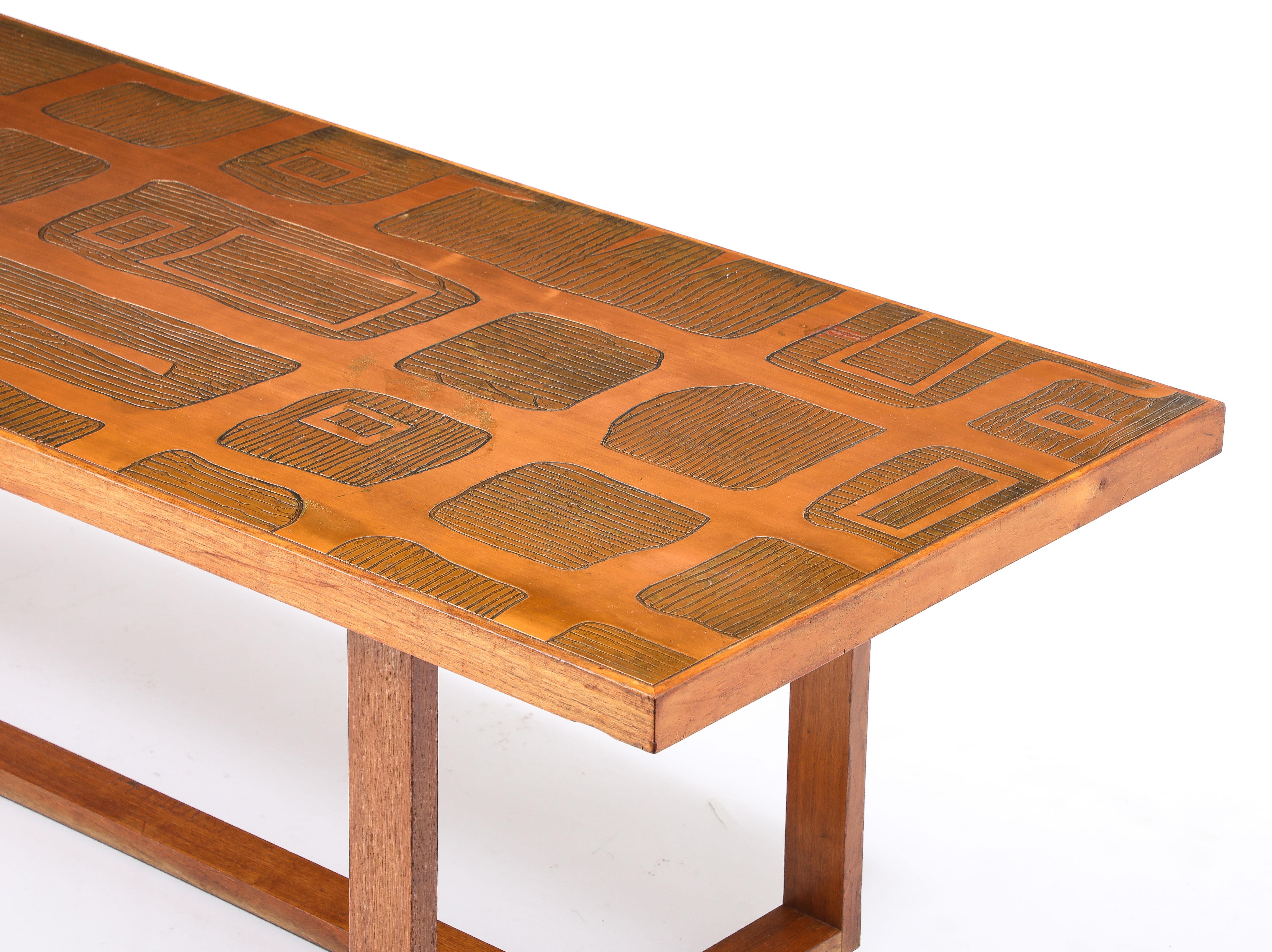 Jean Blazy Etched Copper & Elm Coffee Table, France 1950's In Good Condition For Sale In New York, NY