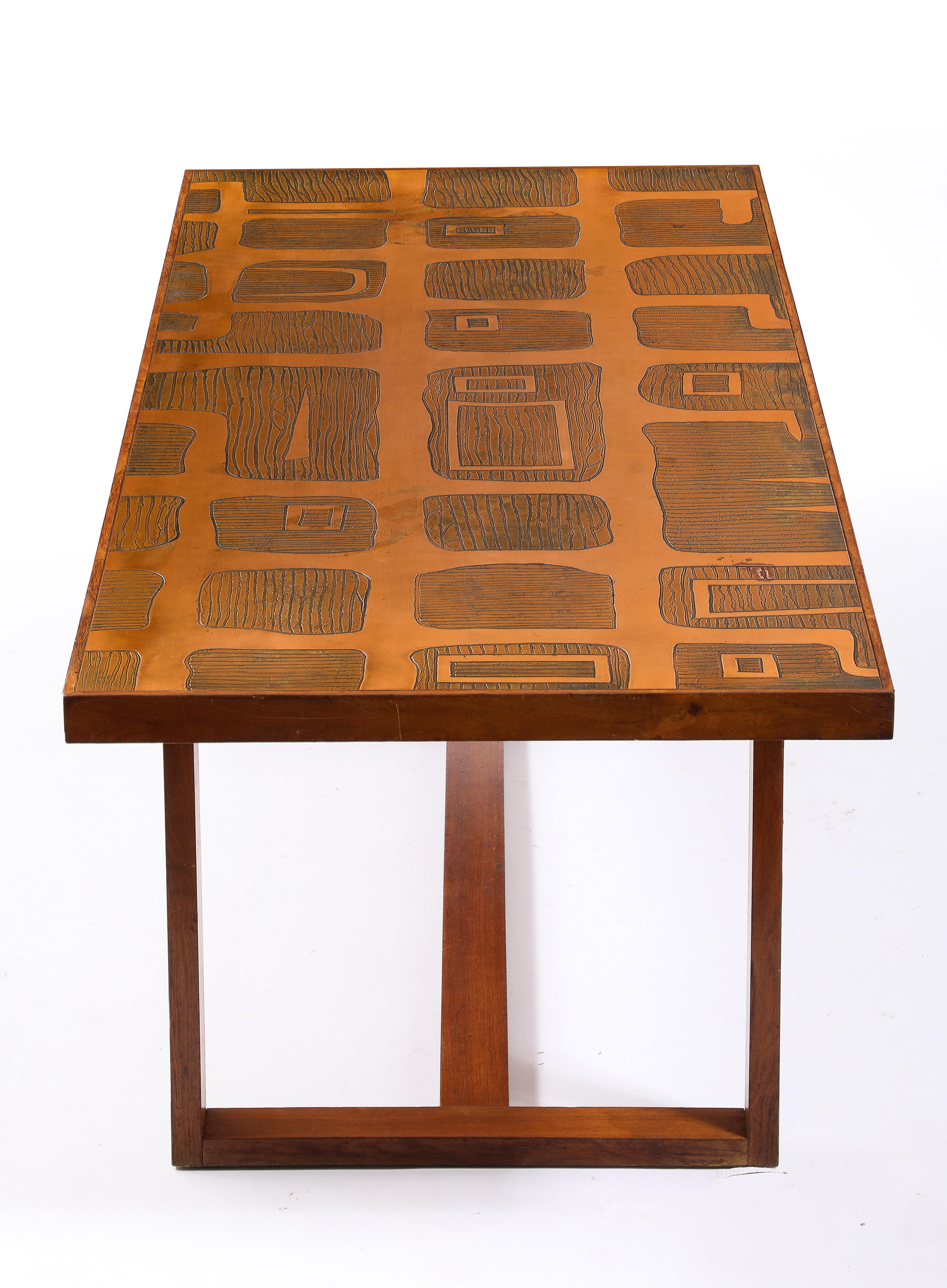Jean Blazy Etched Copper & Elm Coffee Table, France 1950's For Sale 1