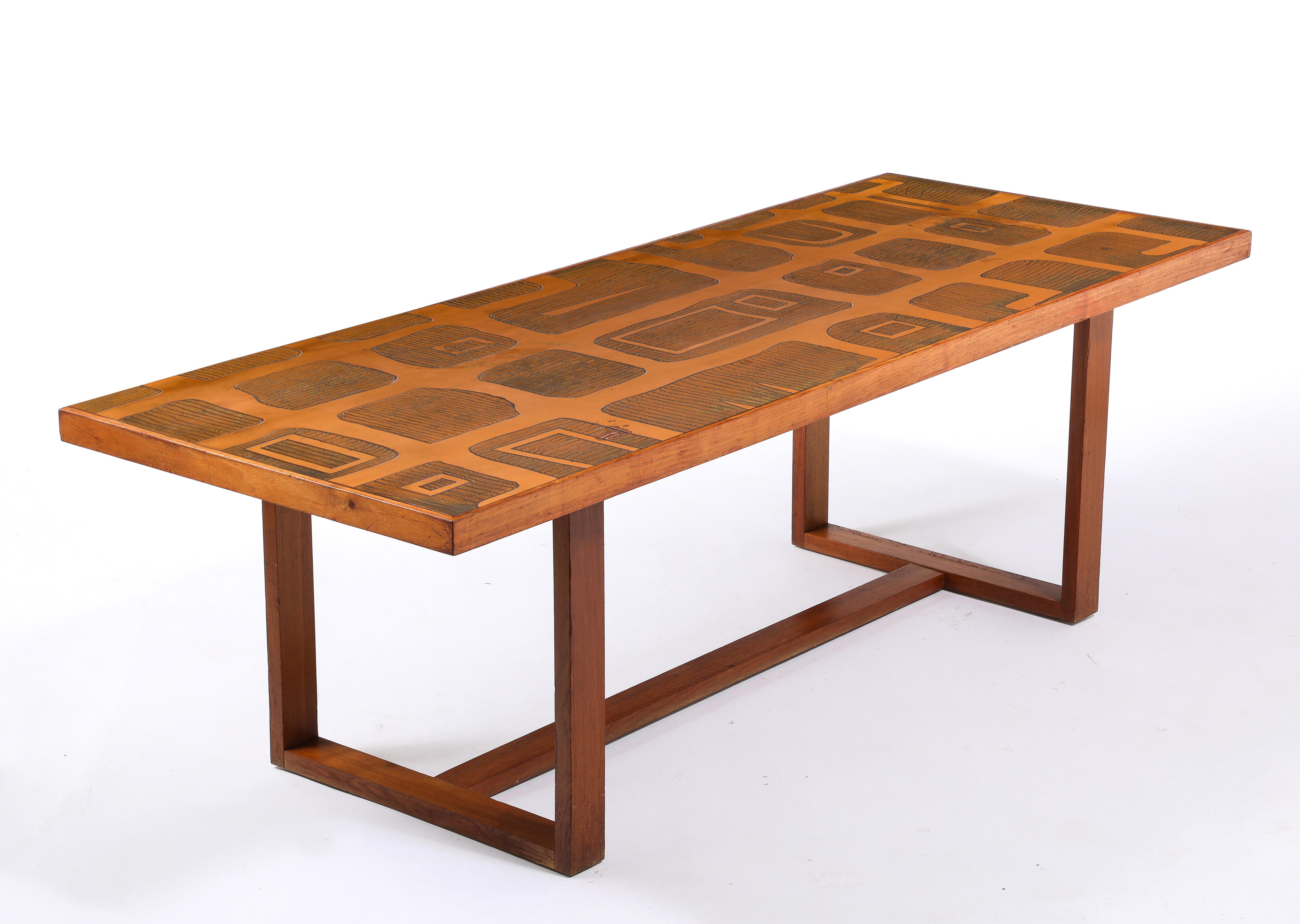 Jean Blazy Etched Copper & Elm Coffee Table, France 1950's For Sale 3