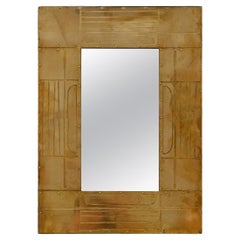 Miroir sculptural en laiton gravé de Jean Blazy, France, années 1970