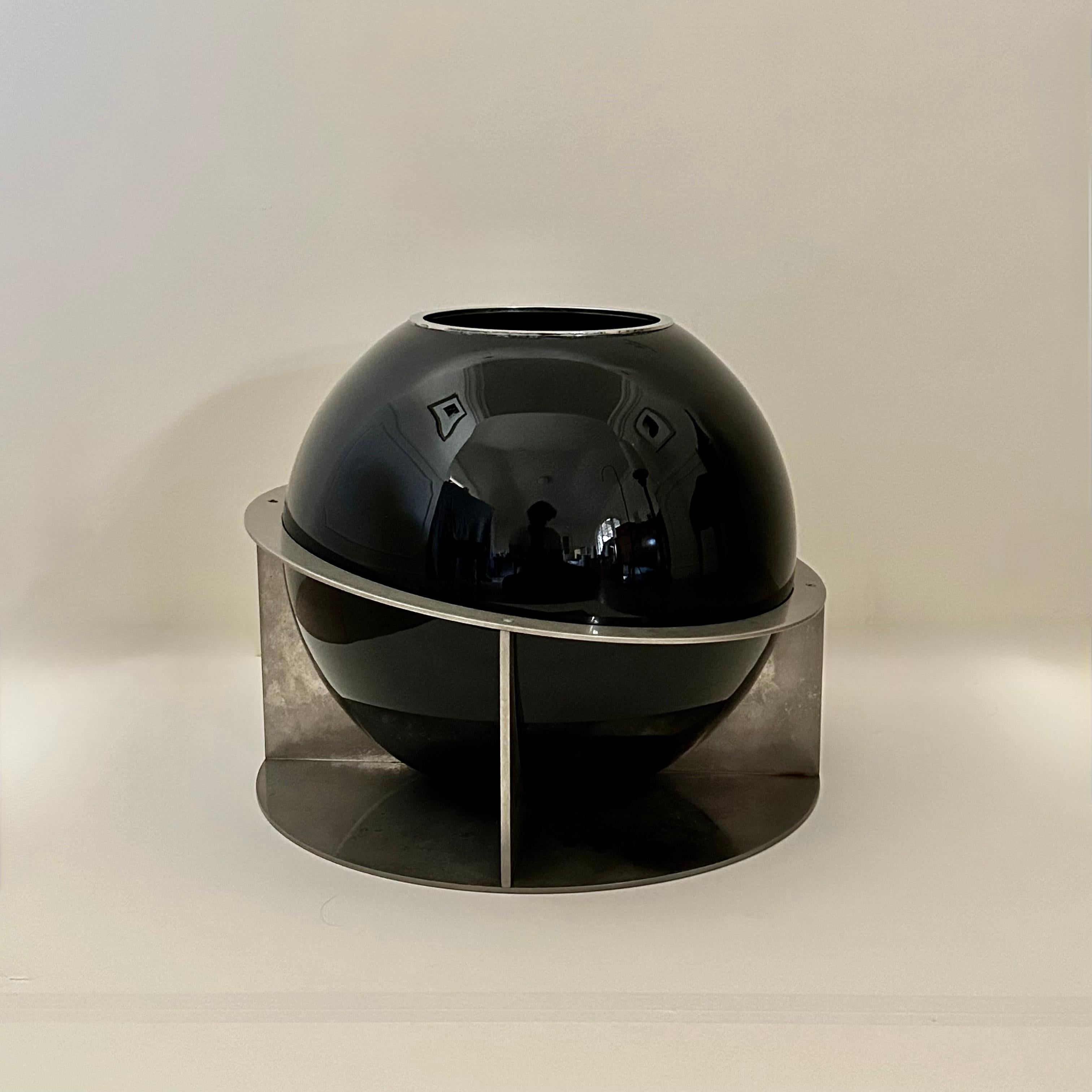 Jean Boris Lacroix Very rare signed  large spherical glass vase mounted on a Saturn ring mount nickel-plated metal base circa 1930


