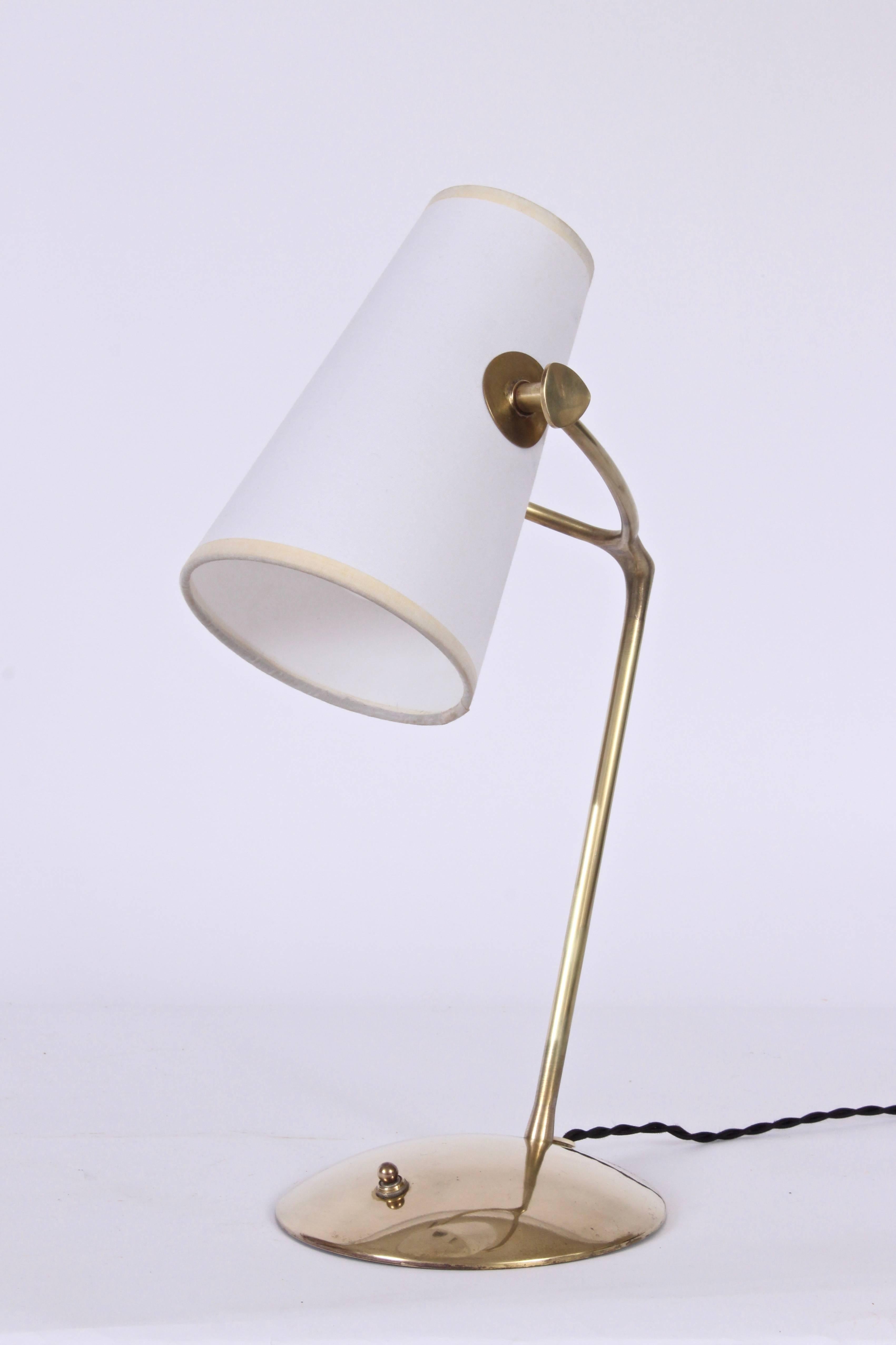 Mid-20th Century Jean Boris Lacroix Brass Desk Lamp with White Paper Shade, 1950s