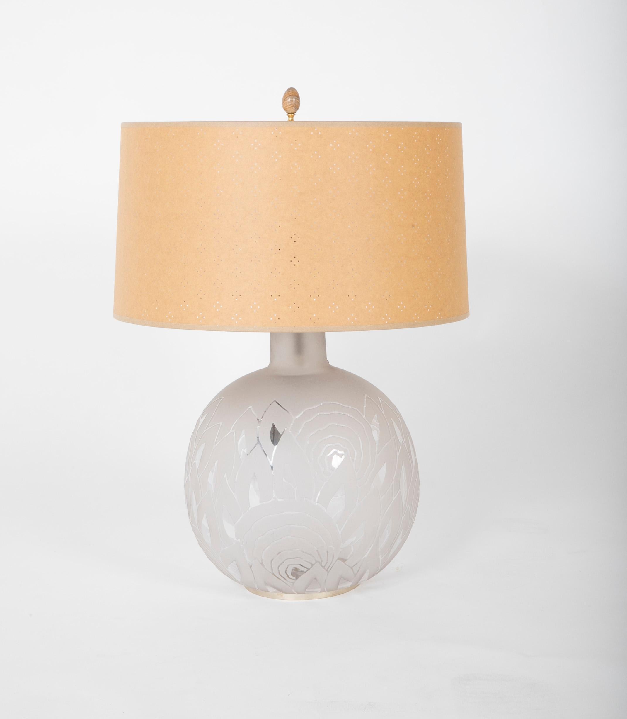 Mid-Century Modern Jean Boris Lacroix Etched Glass Lamp in Rounded Form For Sale
