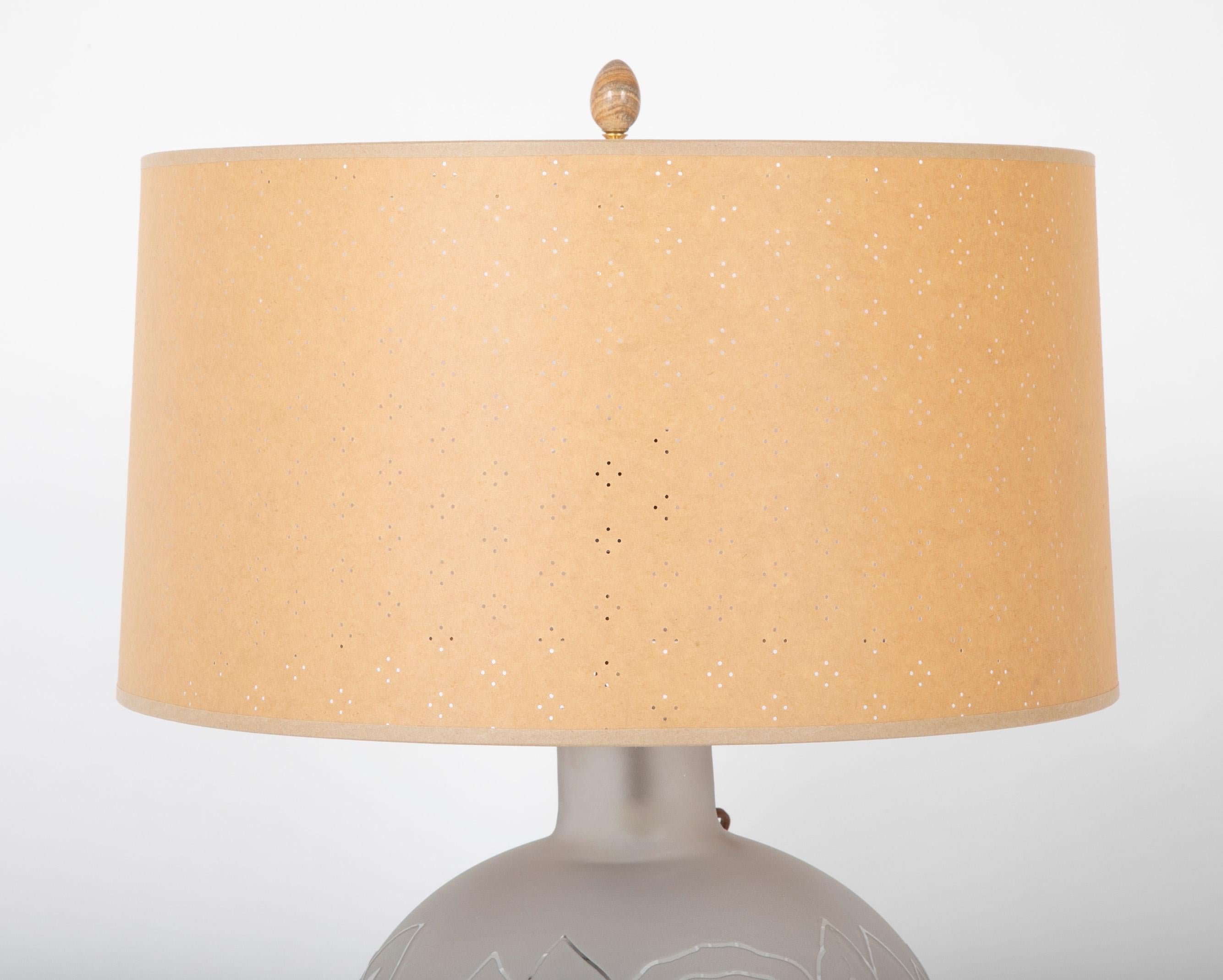 French Jean Boris Lacroix Etched Glass Lamp in Rounded Form For Sale