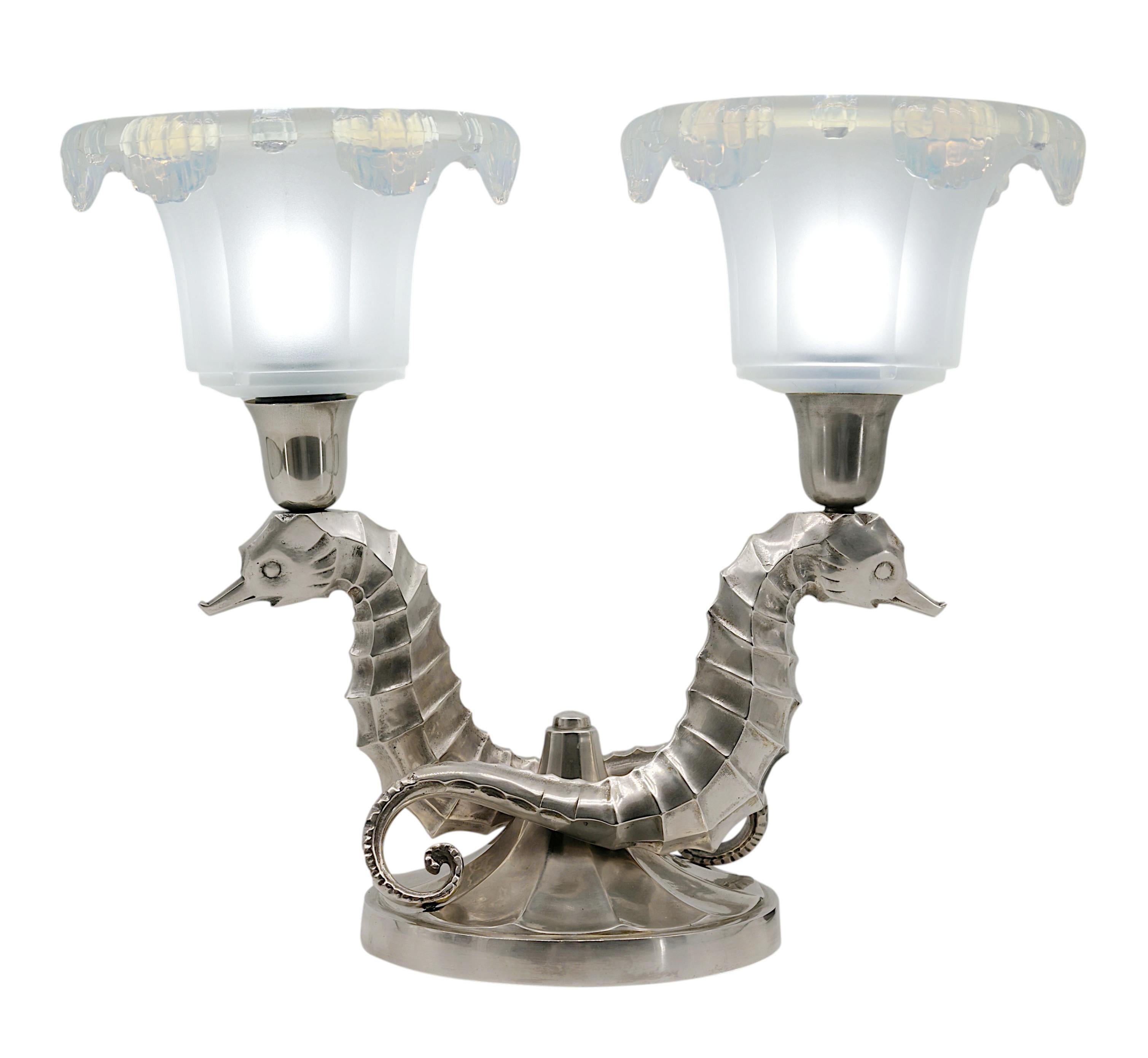 Frosted Jean Boris Lacroix French Art Deco Pair of Seahorse Table Lamps, 1930s For Sale
