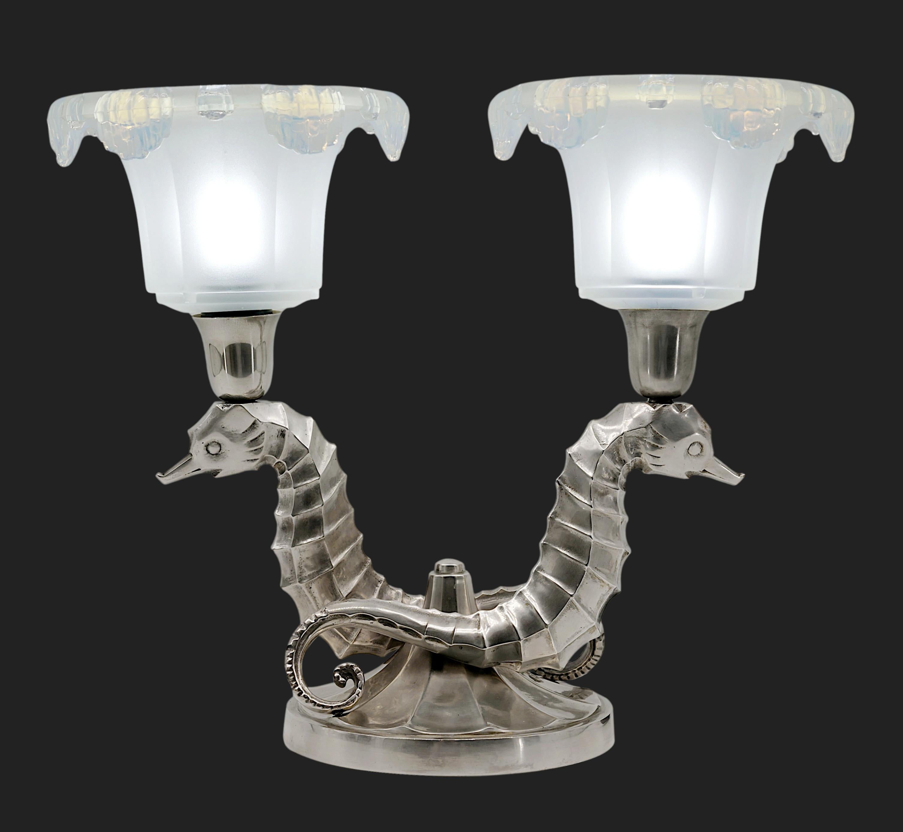 Mid-20th Century Jean Boris Lacroix French Art Deco Pair of Seahorse Table Lamps, 1930s For Sale