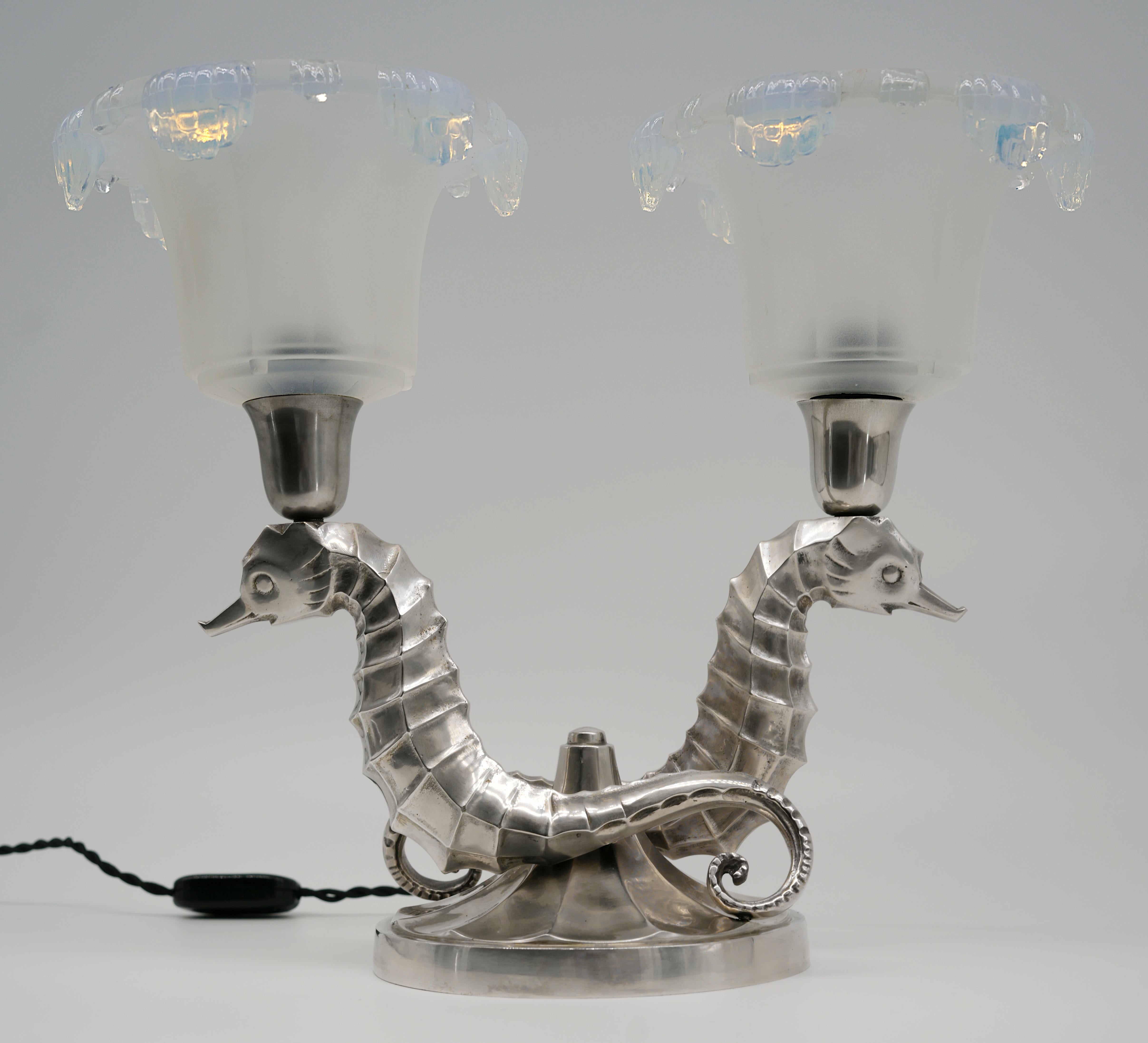Bronze Jean Boris Lacroix French Art Deco Pair of Seahorse Table Lamps, 1930s For Sale