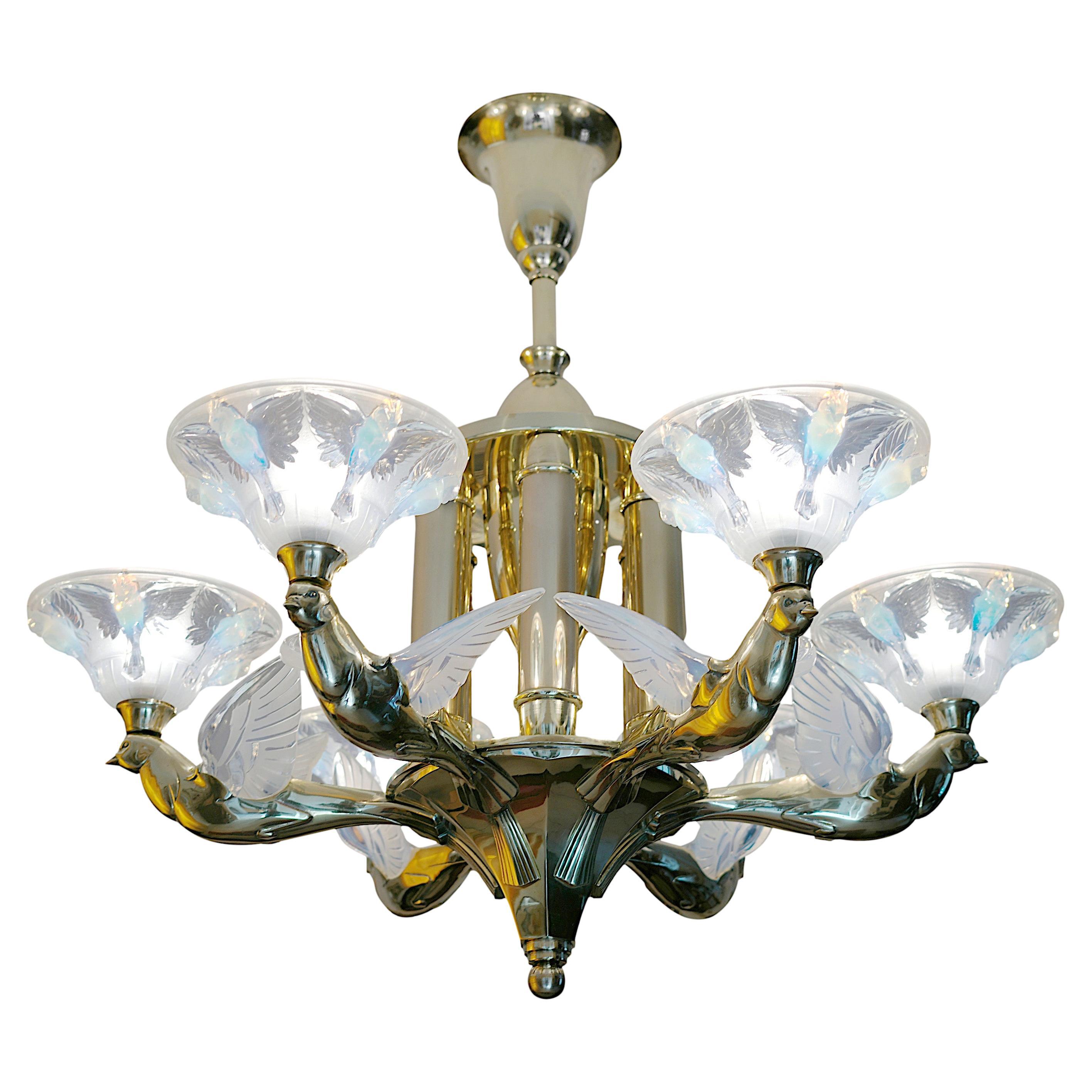 Jean Boris Lacroix Large French Art Deco Bird Chandelier, 1920