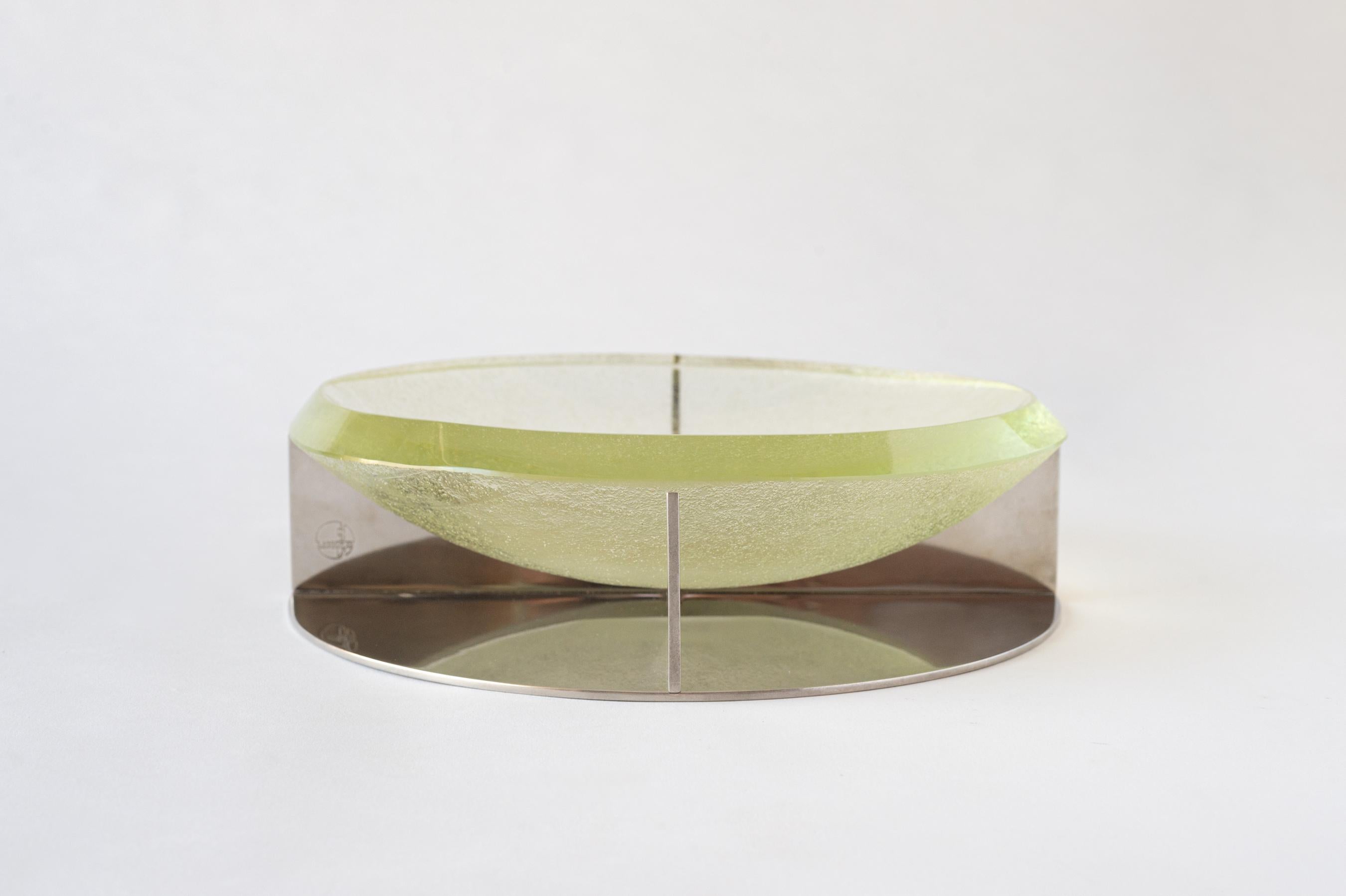 Art Deco Jean Boris Lacroix, Saint Gobain Glass Bowl with Nickeled Metal Base, c. 1930