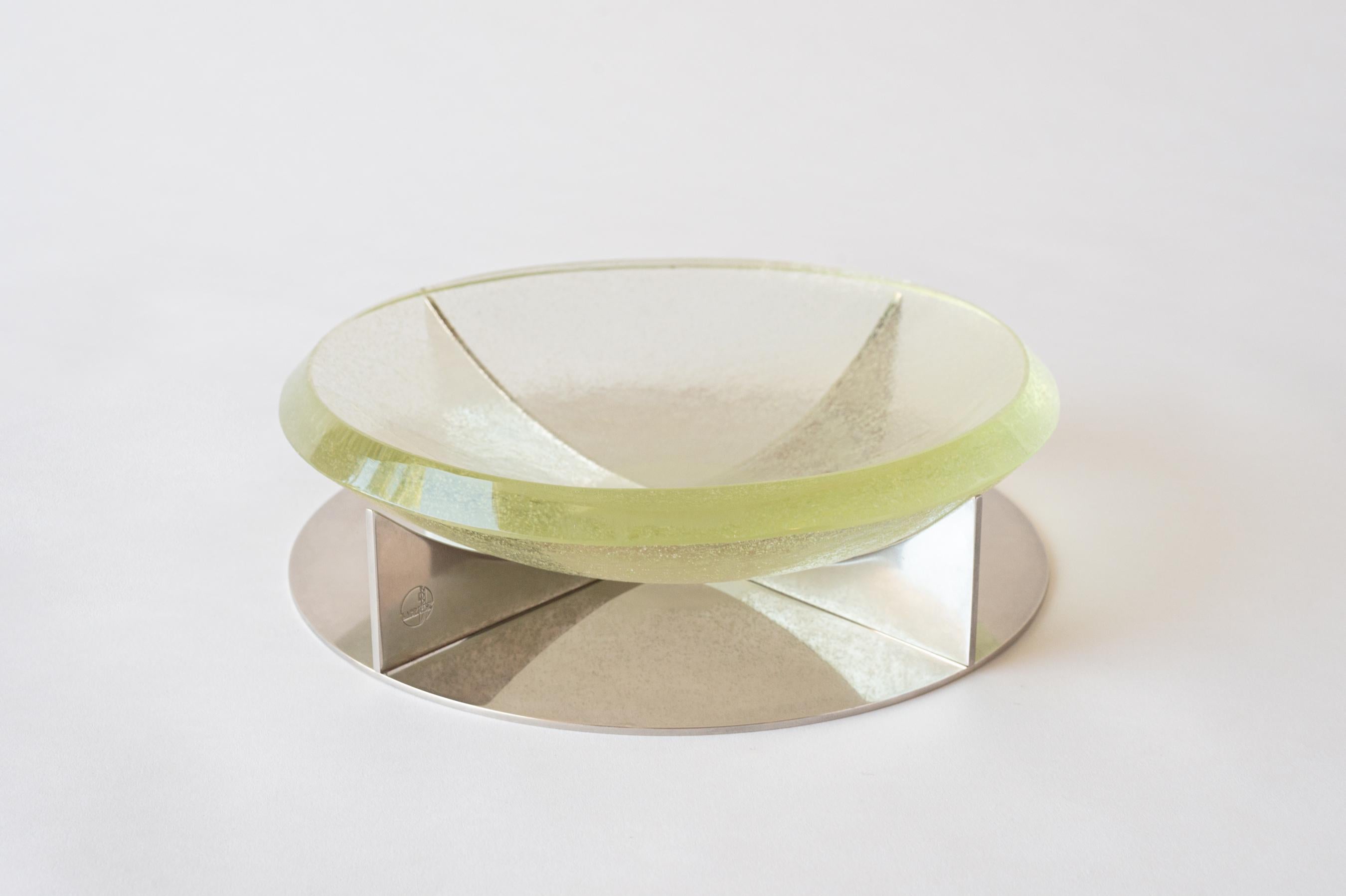Jean Boris Lacroix, Saint Gobain Glass Bowl with Nickeled Metal Base, c. 1930 In Good Condition In Los Angeles, CA