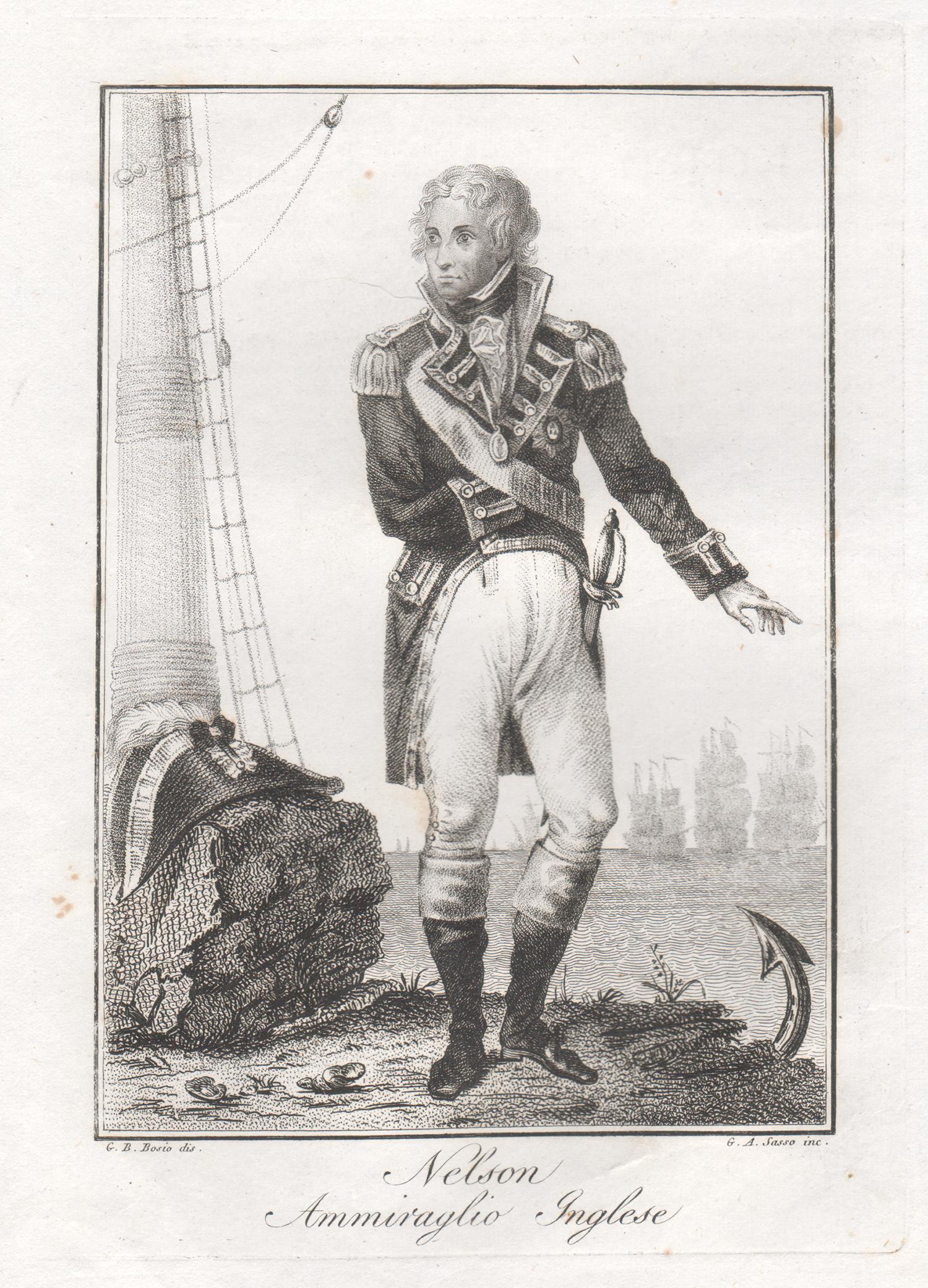 Jean Bosio Portrait Print - Admiral Nelson, Antique Italian naval portrait engraving print