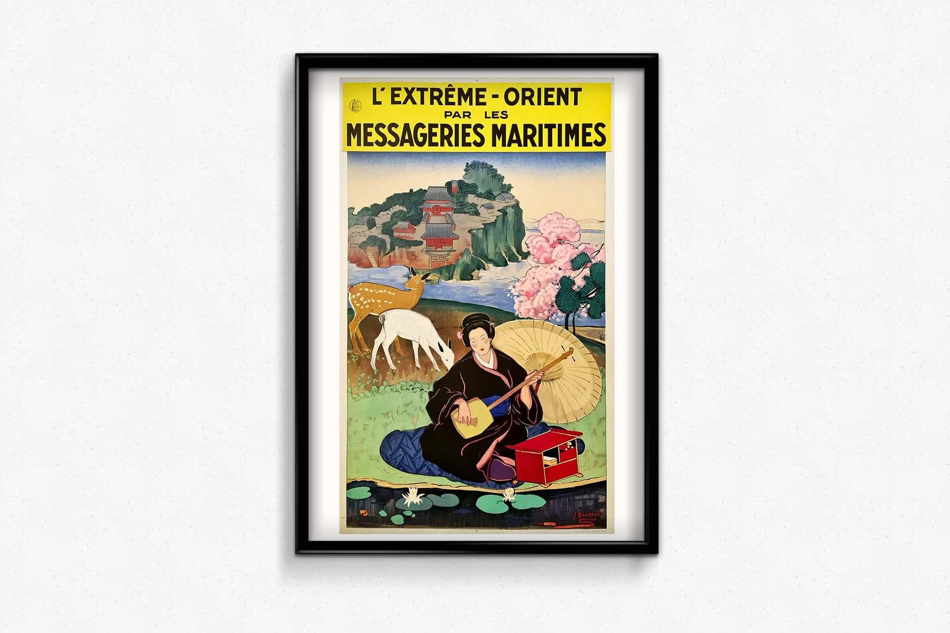 Beautiful poster of 1925 created by Jean Bouchaud (1891 - 1977) for the voyages in extreme east with the messageries maritimes.

Jean Bouchaud is a painter traveler, both artist, adventurer and reporter. Jean Bouchaud travels through North Africa,