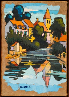 Landschaftsgemälde von Jean Boulay (1937-1994), Dijon, Frankreich, Burgund, Kanal