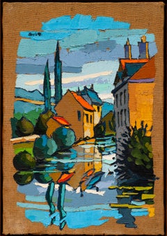 Paesaggio dipinto di Digione, Francia, Canale di Borgogna di Jean Boulay (1937-1994) B. A. B.