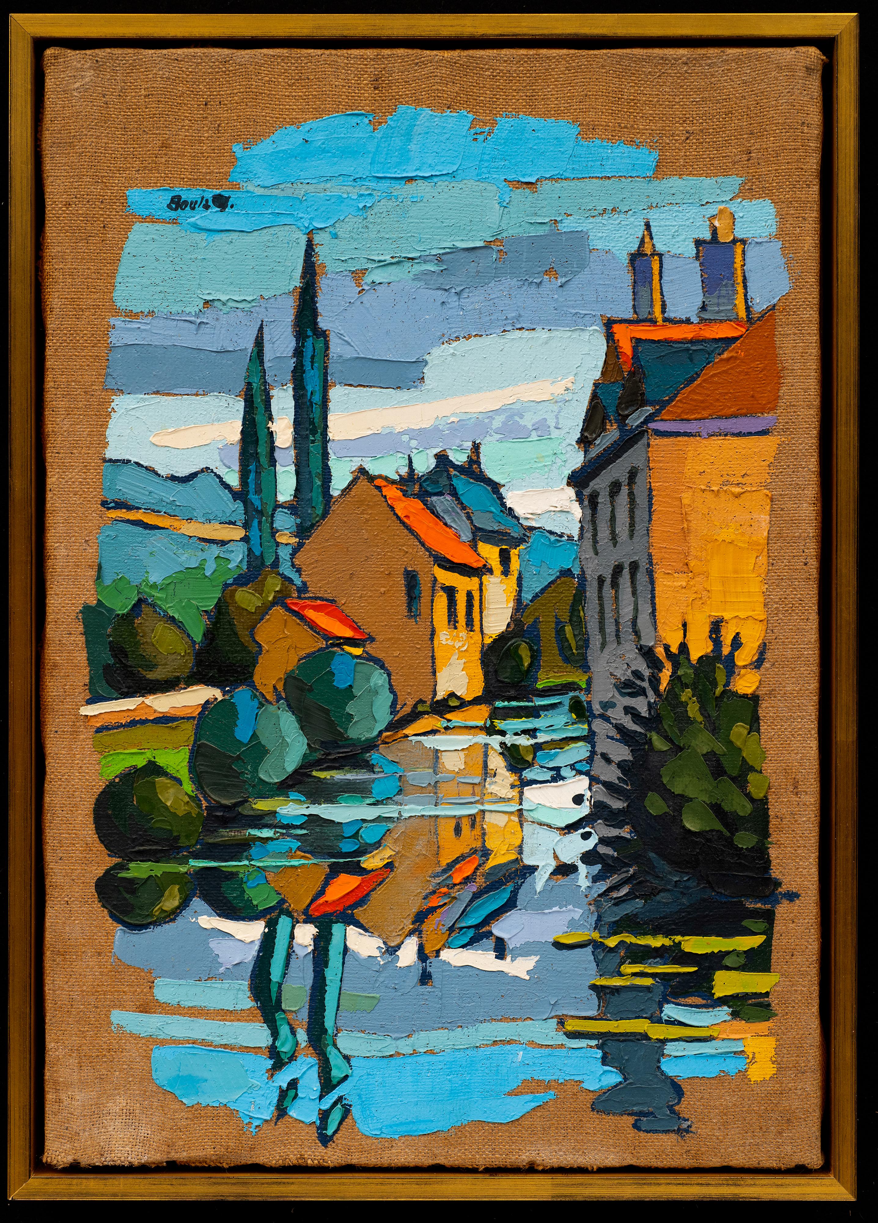 Paire de paysages : Dijon France, Canal de Bourgogne B
Jean Boulay (français, 1937-1994)
Huile sur toile
Signé et daté
21 1/2 x 15 pouces (chacun)

La paire de paysages a été peinte par l'artiste français Jean Boulay (1937-1994). Les peintures de