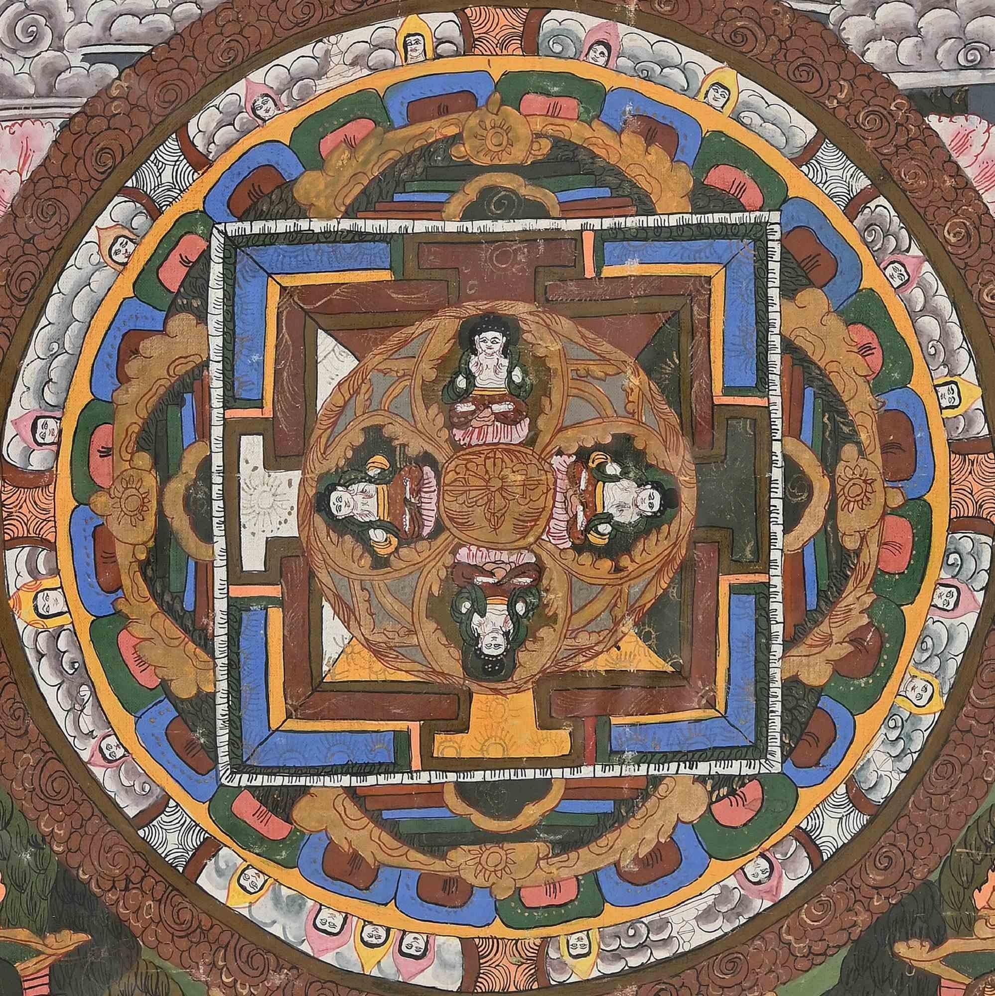 Vintage Tibetan Thangka ist ein originales modernes Kunstwerk, das von einem tibetischen Künstler in der Mitte des 20. Jahrhunderts geschaffen wurde.

Es stellt das Rad des Lebens dar. Gemischte Medien.

Inklusive Rahmen: 46,5 x 2,5 x 38,5 cm

