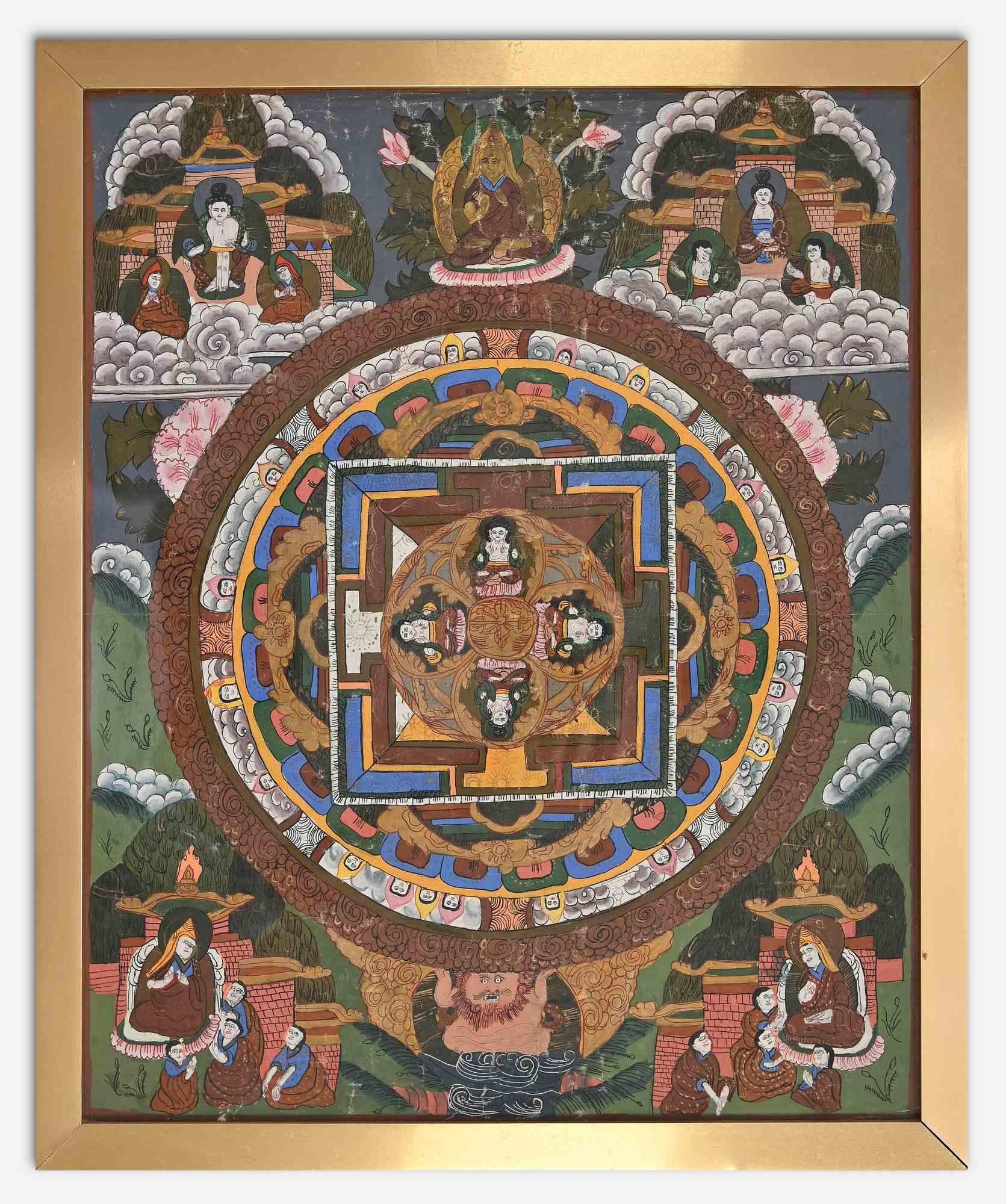 Tibetisches Thangka – Mixed Media – Mitte des 20. Jahrhunderts – Mixed Media Art von Jean Boullet