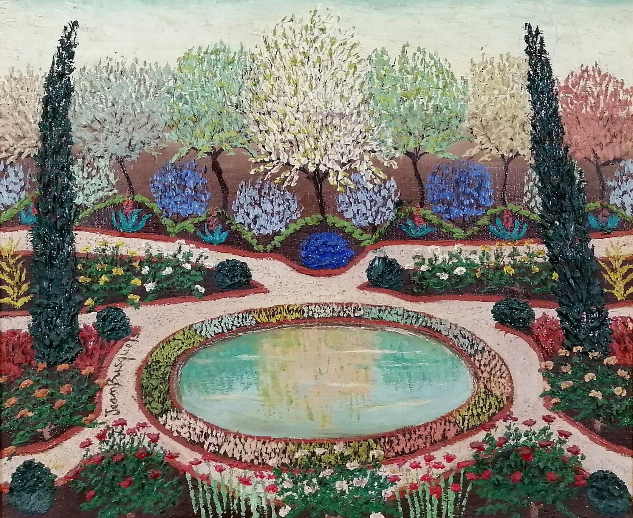 Jardin Parc de Saint-Cloud - Großes Französisch Paris Naïf Garten Park Ölgemälde – Painting von Jean Busquets