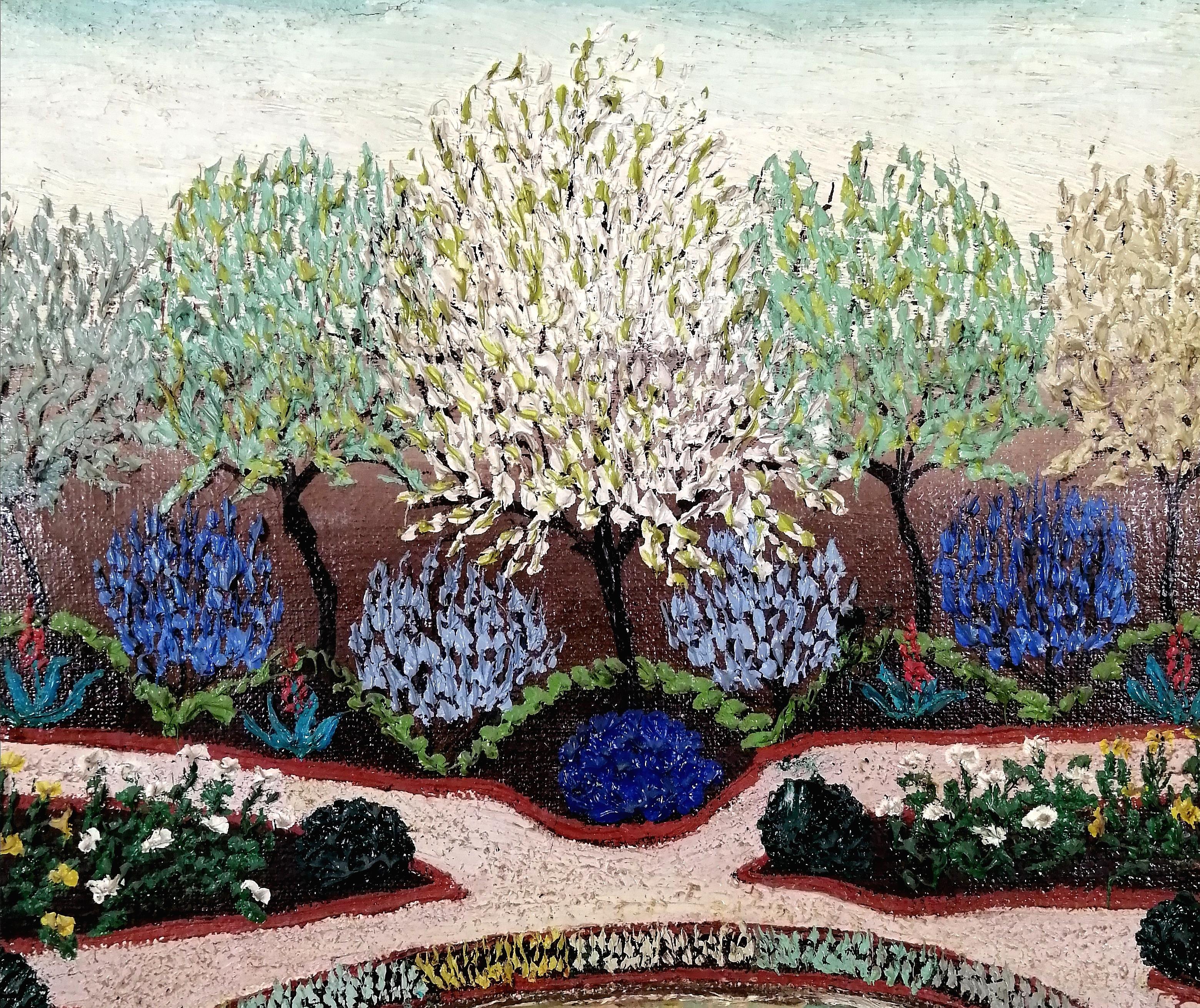 Ein sehr schönes Ölgemälde des französischen Künstlers Jean Busquets aus den 1930er Jahren, das den Garten des Parc de Saint-Cloud am Rande von Paris zeigt. Hervorragendes frühes Beispiel für französische Naïf-Malerei. Bezeichnet mit dem Titel auf