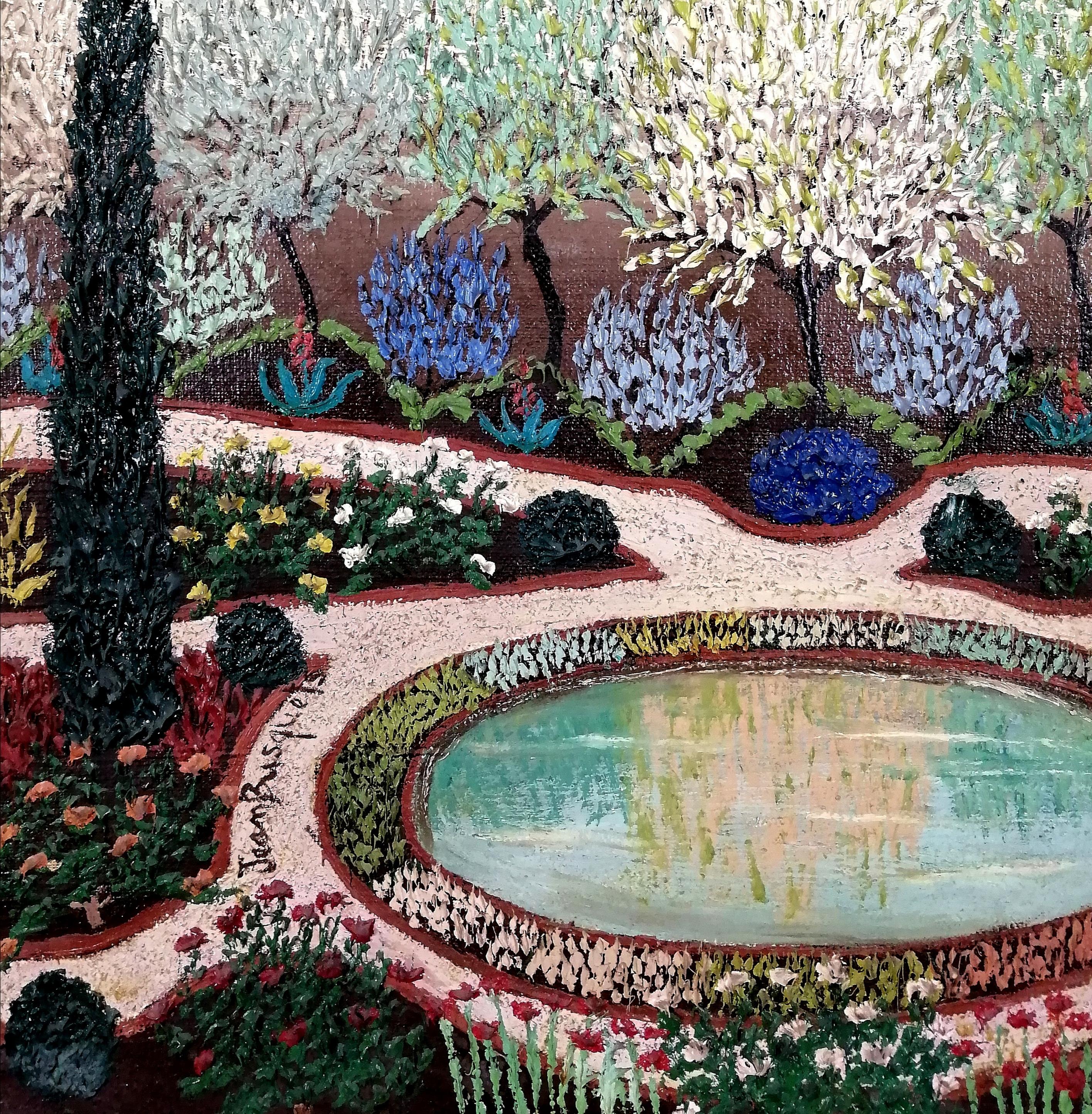 Jardin Parc de Saint-Cloud - Large French Paris Naïf Garden Park Oil Painting For Sale 1