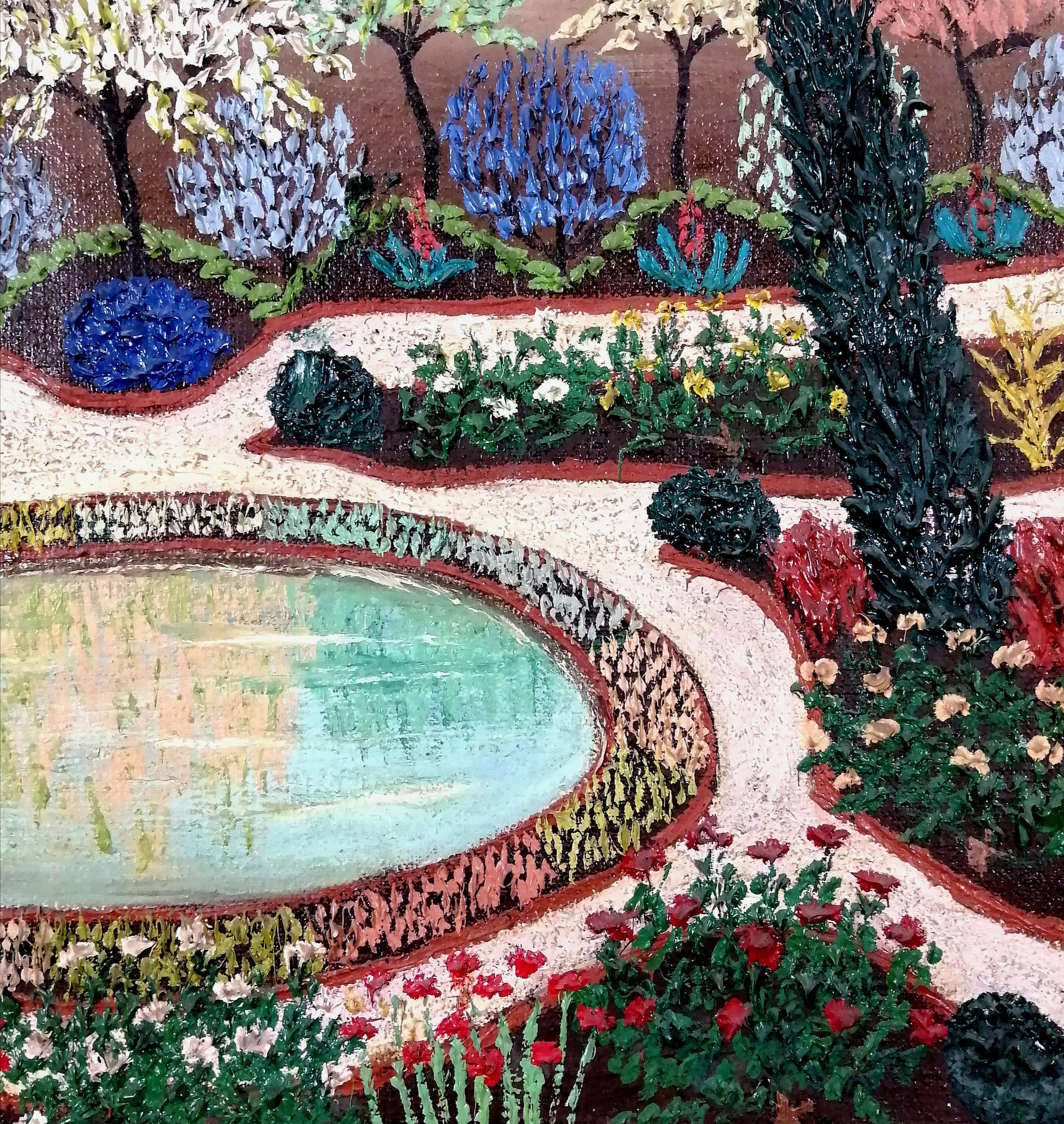 Jardin Parc de Saint-Cloud - Large French Paris Naïf Garden Park Oil Painting For Sale 2