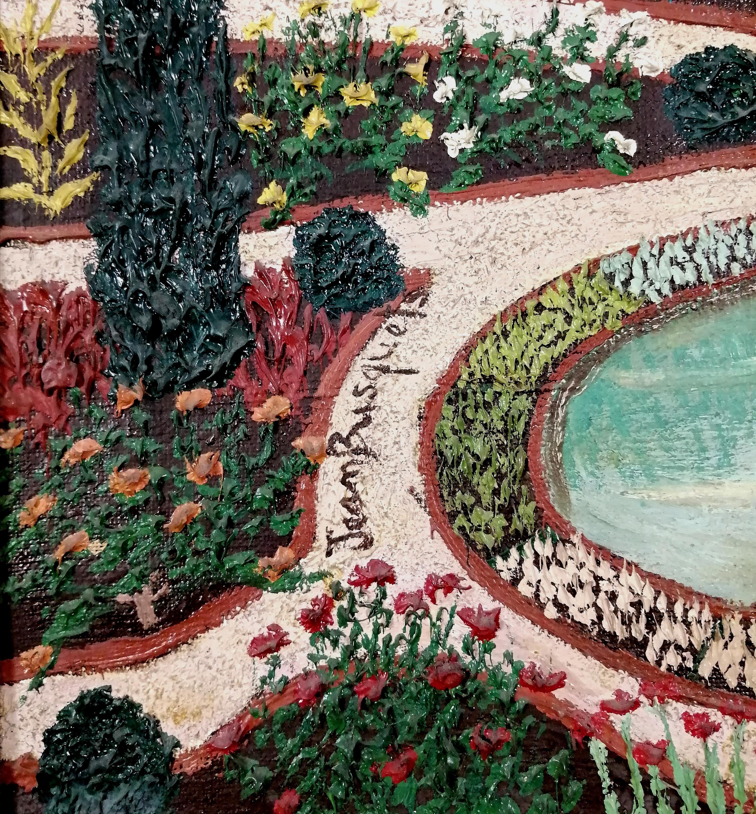 Jardin Parc de Saint-Cloud - Large French Paris Naïf Garden Park Oil Painting For Sale 3