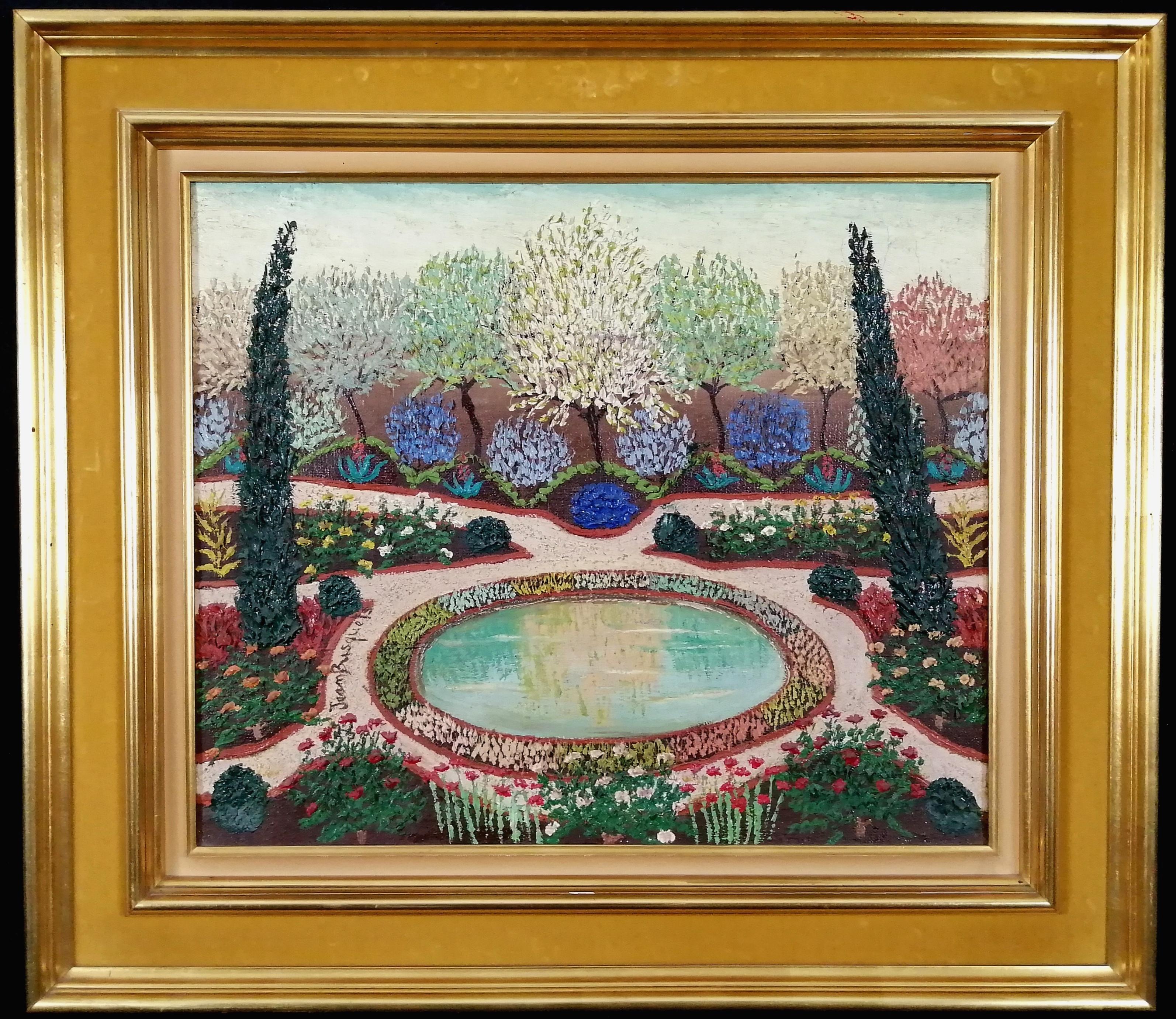 Jean Busquets Landscape Painting – Jardin Parc de Saint-Cloud - Großes Französisch Paris Naïf Garten Park Ölgemälde