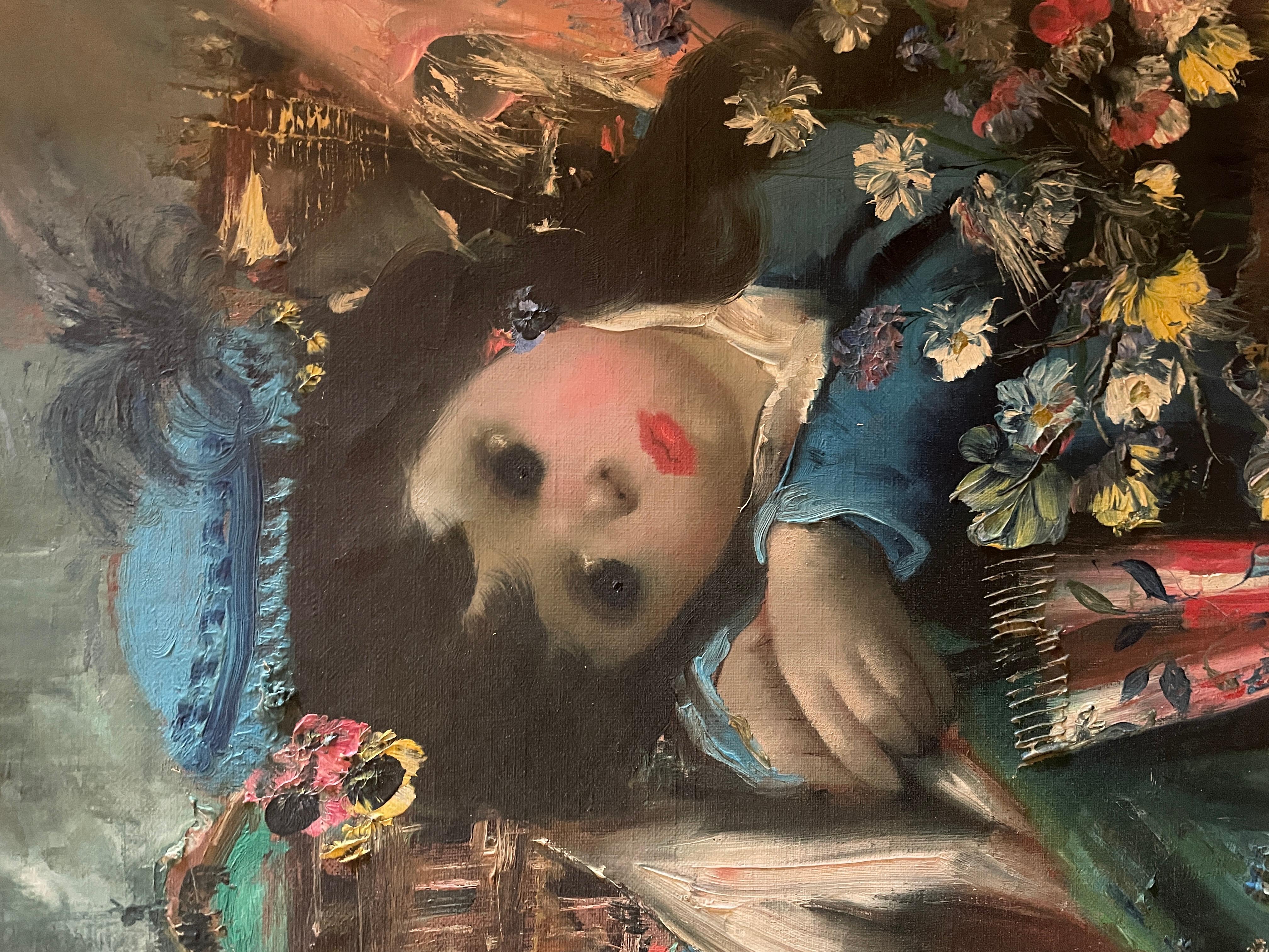 Francese Jean Calogero Pittura ad olio Ragazza con ombrello e fiori in vendita