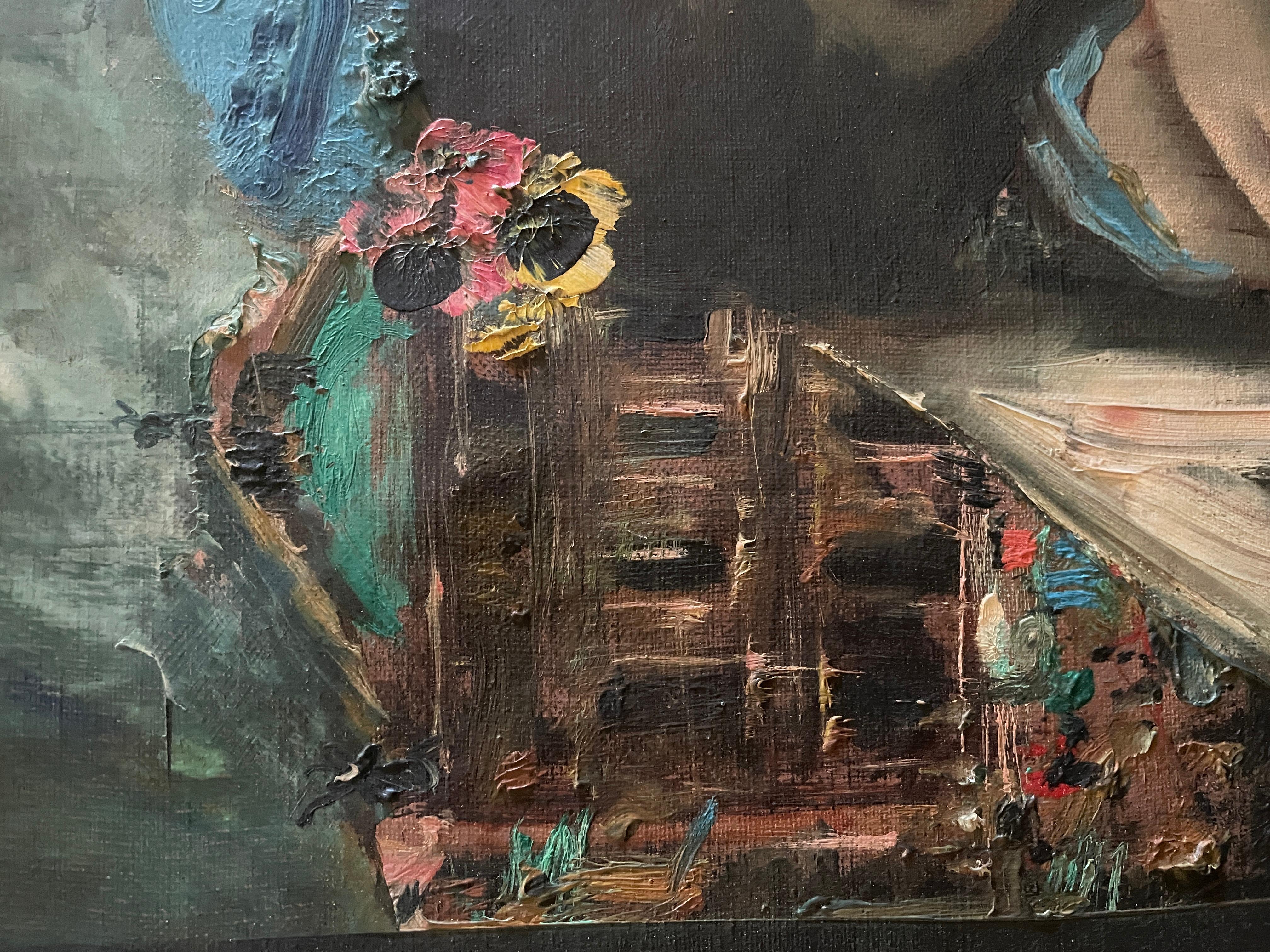 Jean Calogero Pittura ad olio Ragazza con ombrello e fiori In condizioni buone in vendita a New York, NY