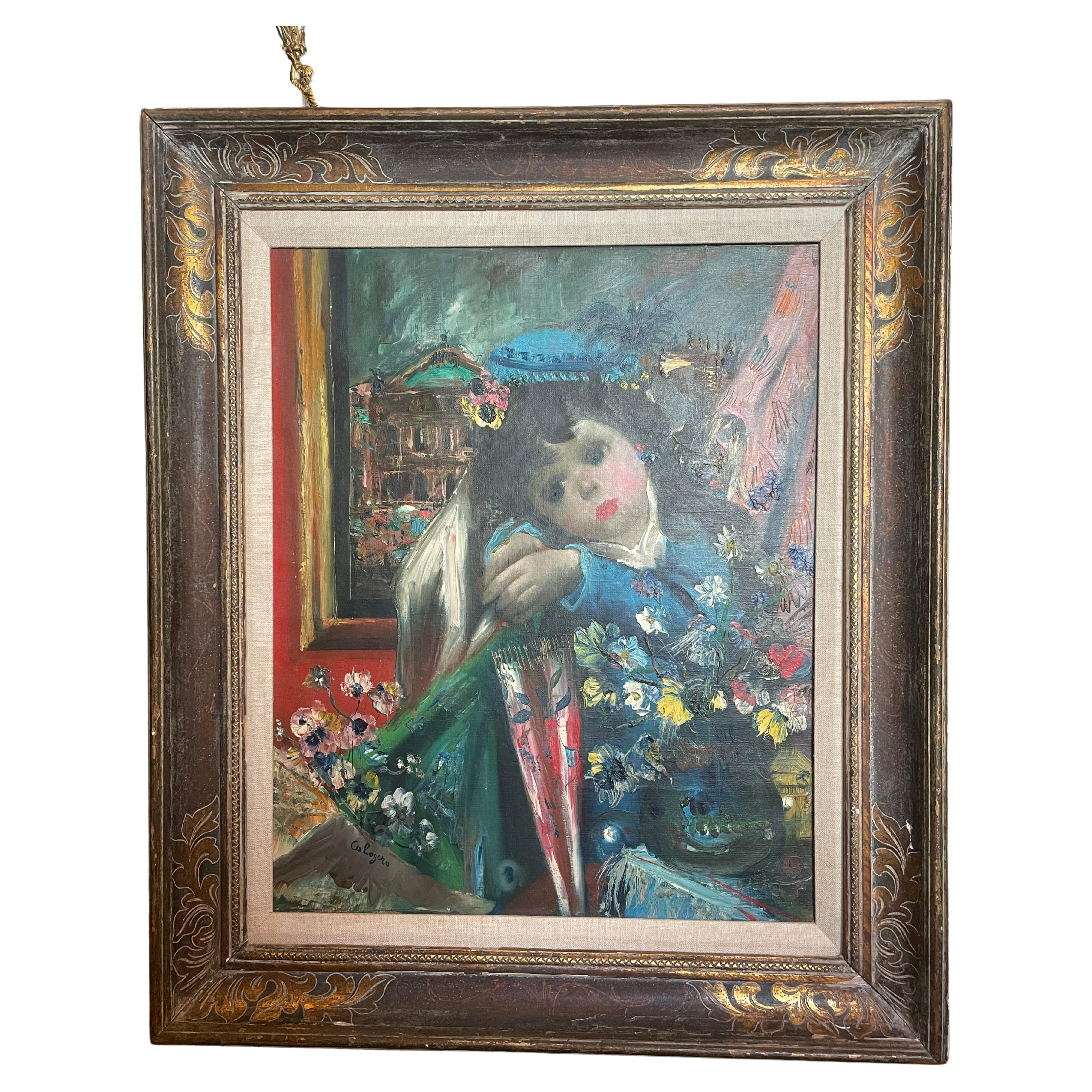 Jean Calogero Pittura ad olio Ragazza con ombrello e fiori in vendita