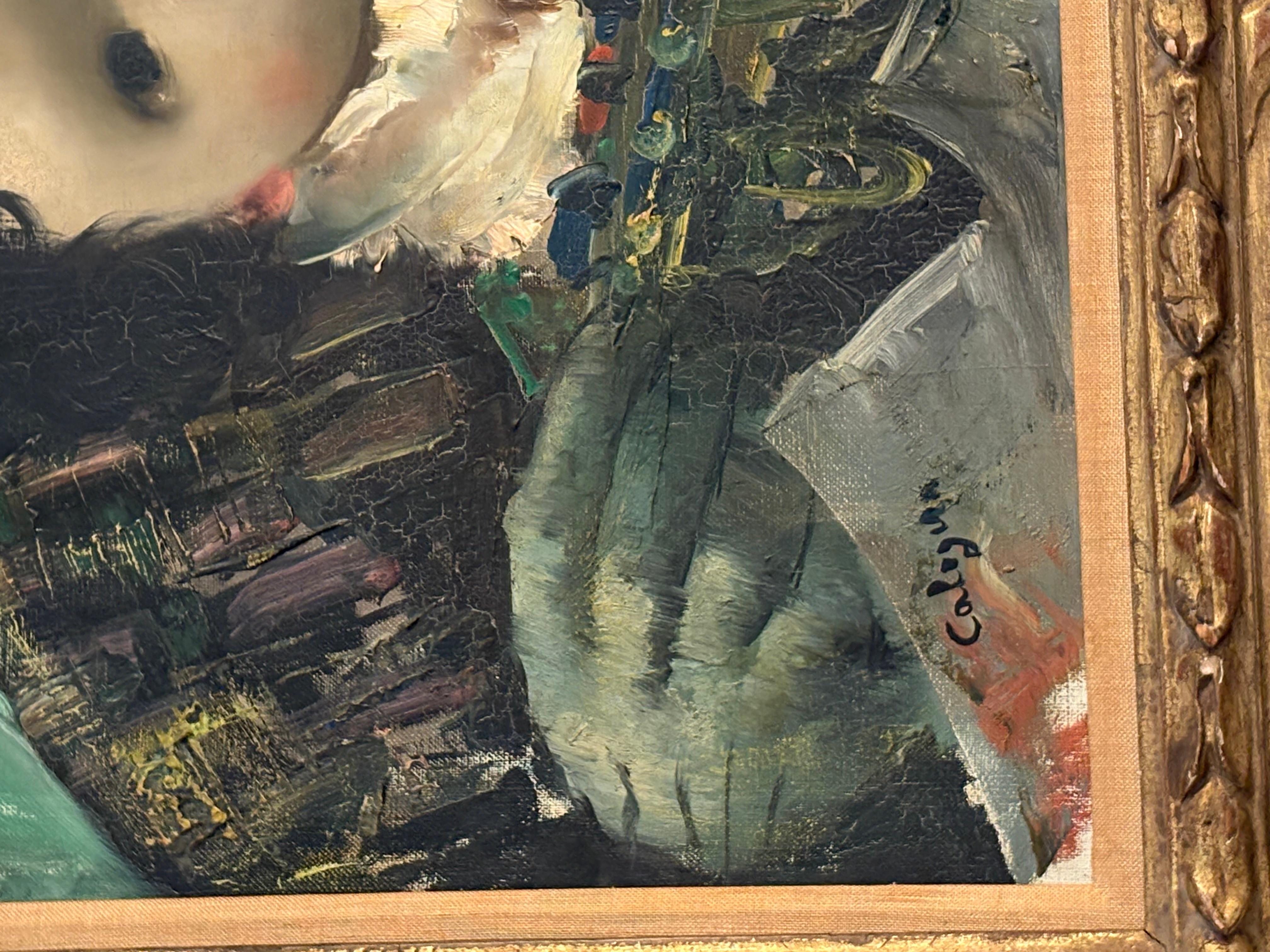 Jean Calogero (1922 - 2001) Italy United States  oil on canvas titled clown et endangered  29 x 21 frame  38 x 29
Painting has paint loss  And crackling .
This  was painted in 50’s 60’s the height of quality from the artist . 
Please check photos 