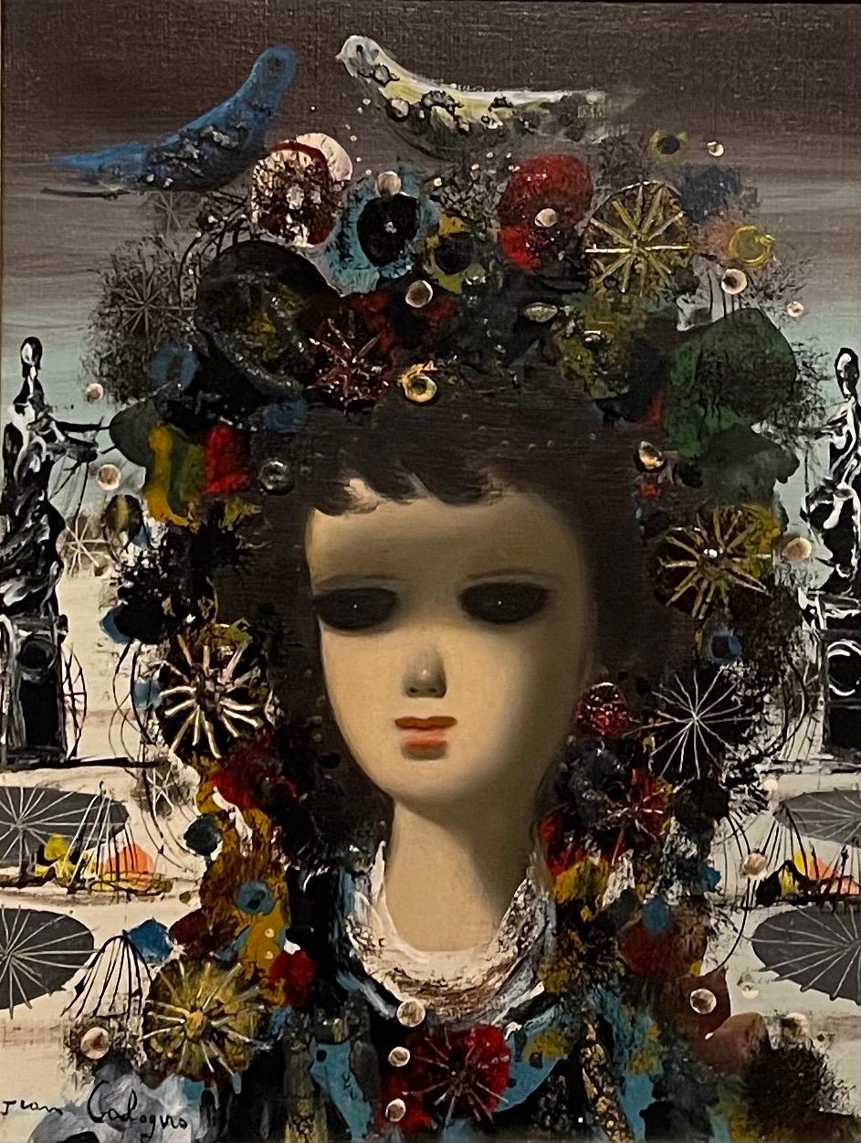 Italian Surrealist Oil Painting Jean Calogero Big Eyed Girl Doll  1