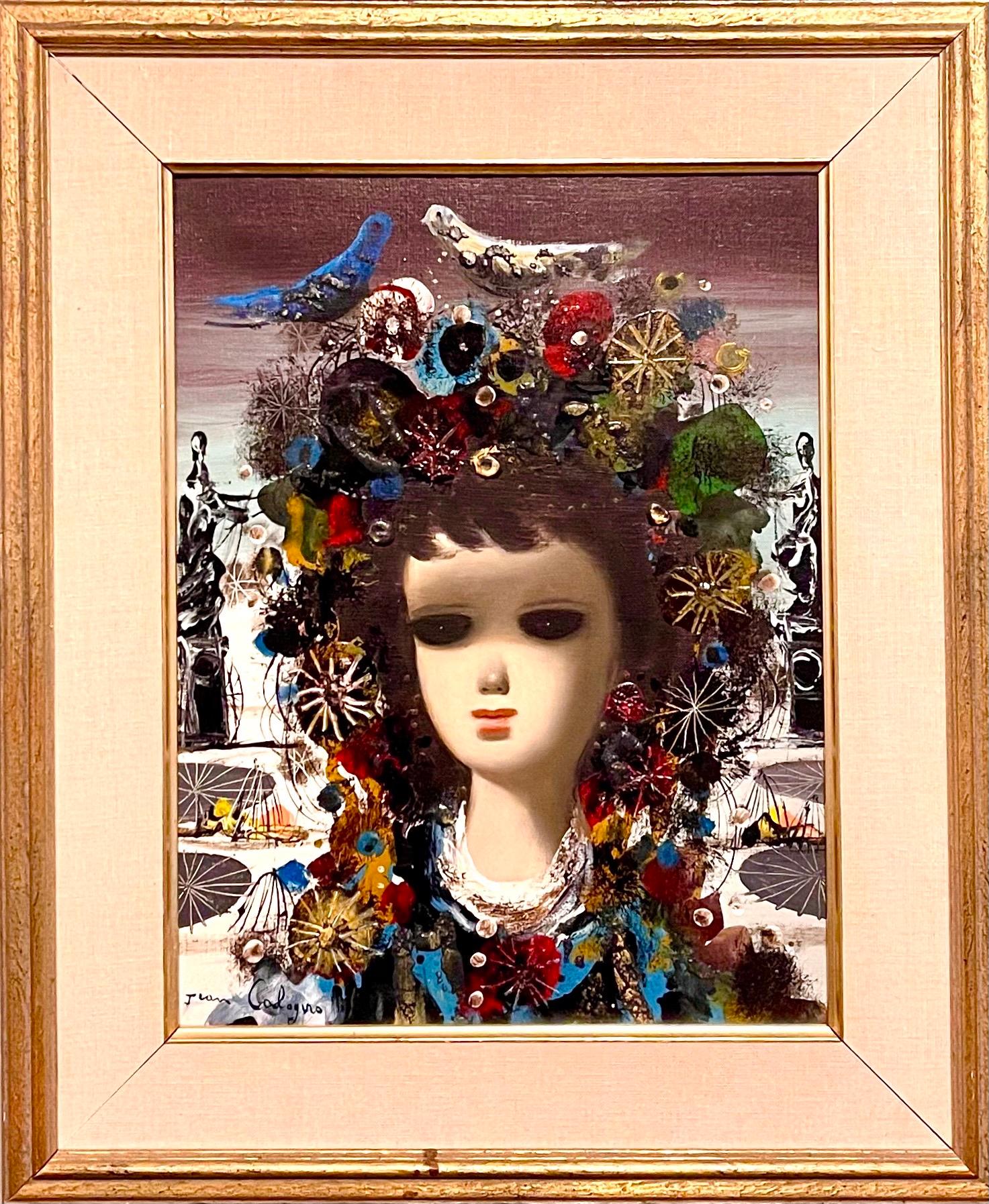 Italian Surrealist Oil Painting Jean Calogero Big Eyed Girl Doll 