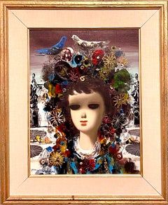 Vintage Italian Surrealist Oil Painting Jean Calogero Big Eyed Girl Doll 