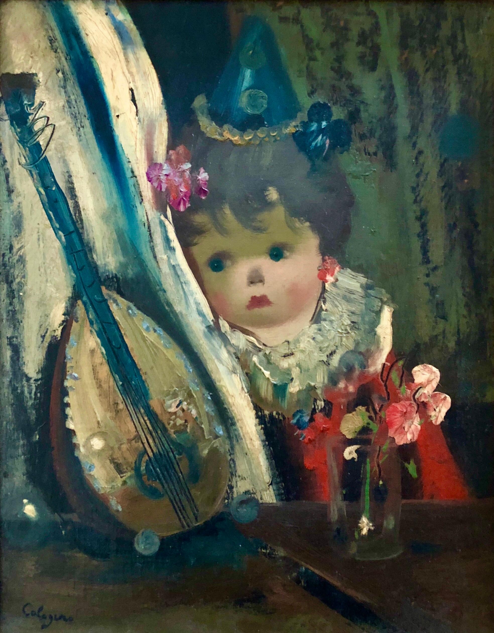 Pittura ad olio surrealista Jean Calogero Bambola dagli occhi grandi Mandolino Fiore in vendita 1