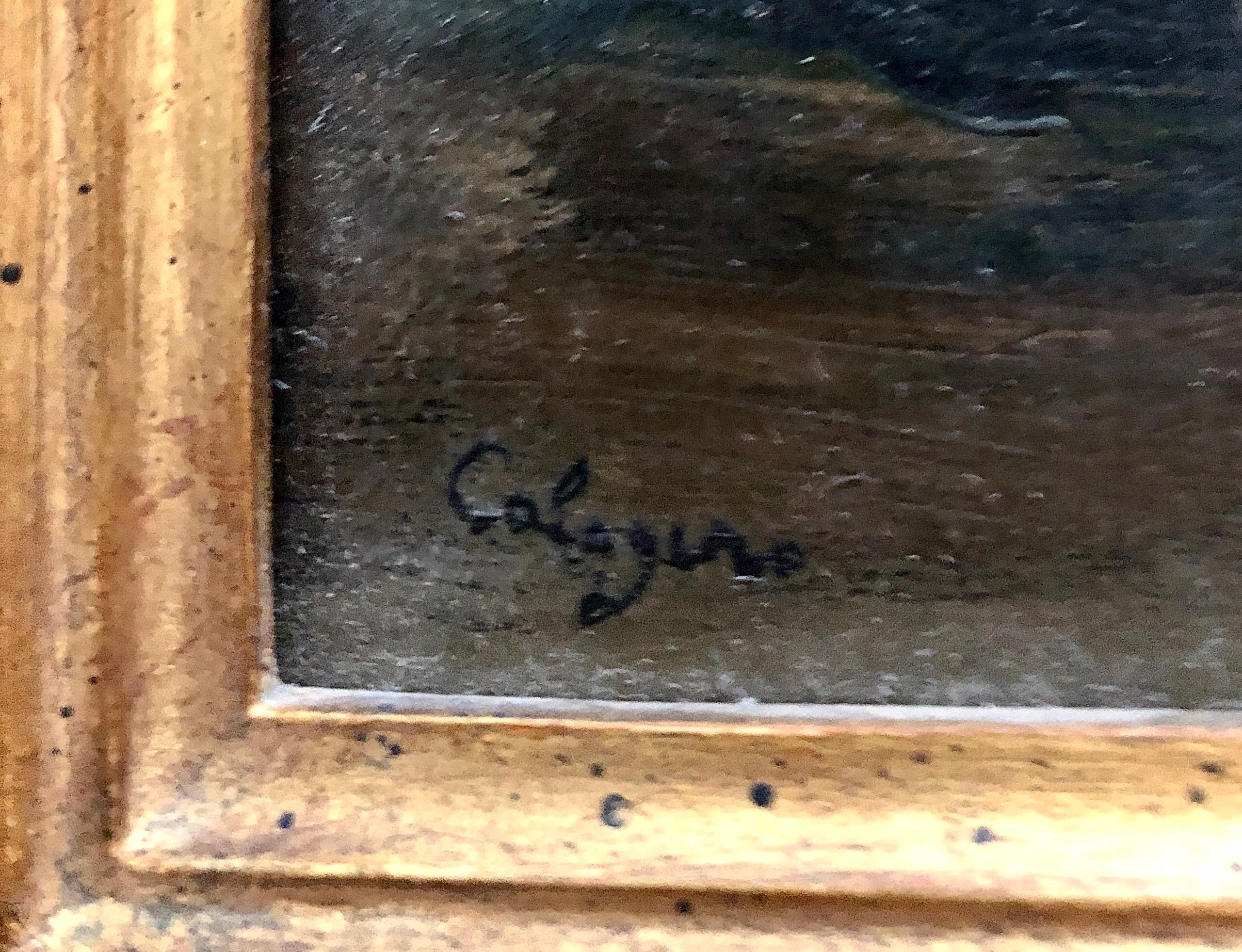 Pittura ad olio surrealista Jean Calogero Bambola dagli occhi grandi Mandolino Fiore in vendita 2