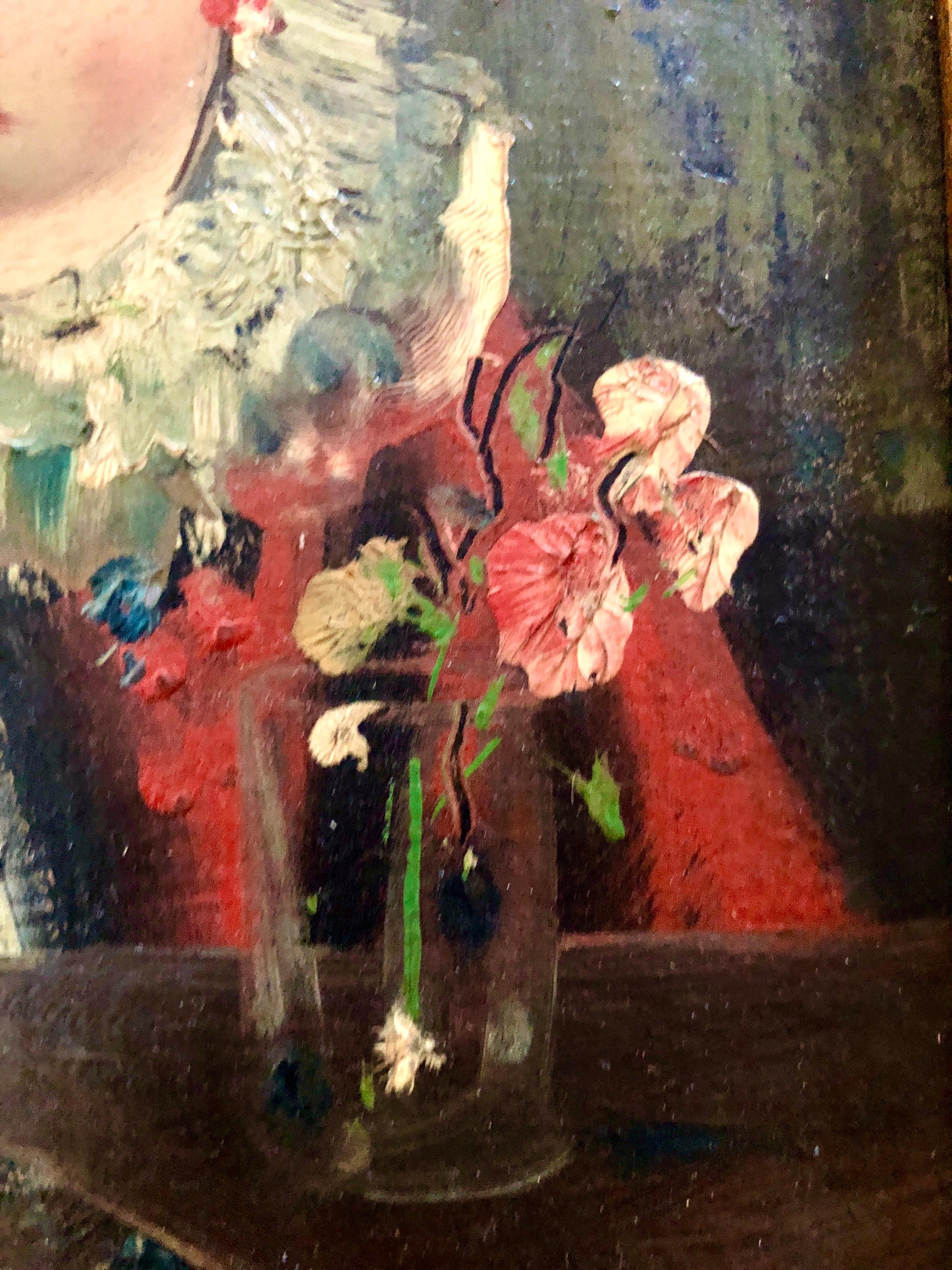 Pittura ad olio surrealista Jean Calogero Bambola dagli occhi grandi Mandolino Fiore in vendita 3